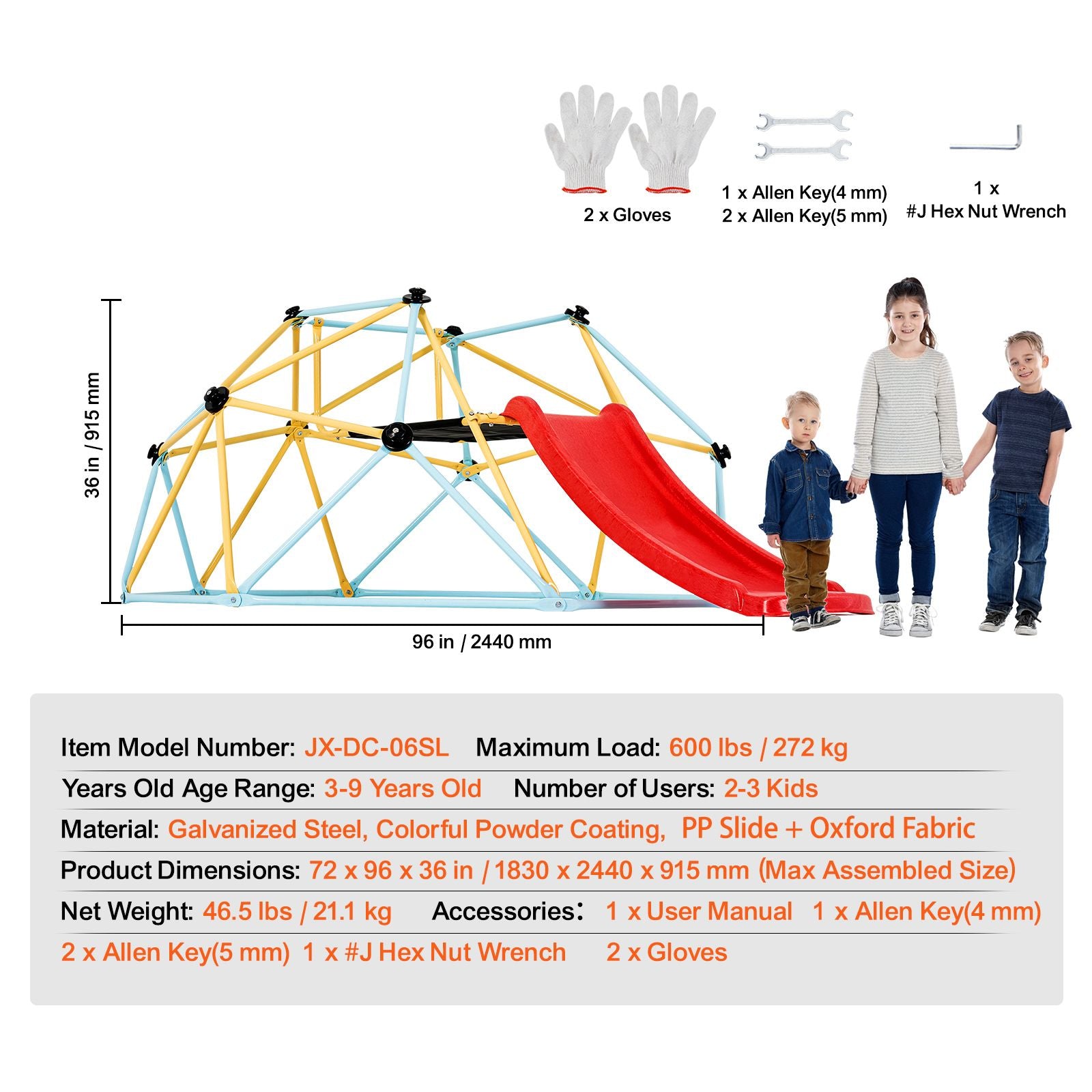 Climbing Dome, 8FT Geometric Dome Climber with Slide, for Kids 3 to 9 Years Old, Jungle Gym Supports 600LBS and Easy Assembly, with Climbing Grip, Outdoor and Indoor Play Equipment for Kids