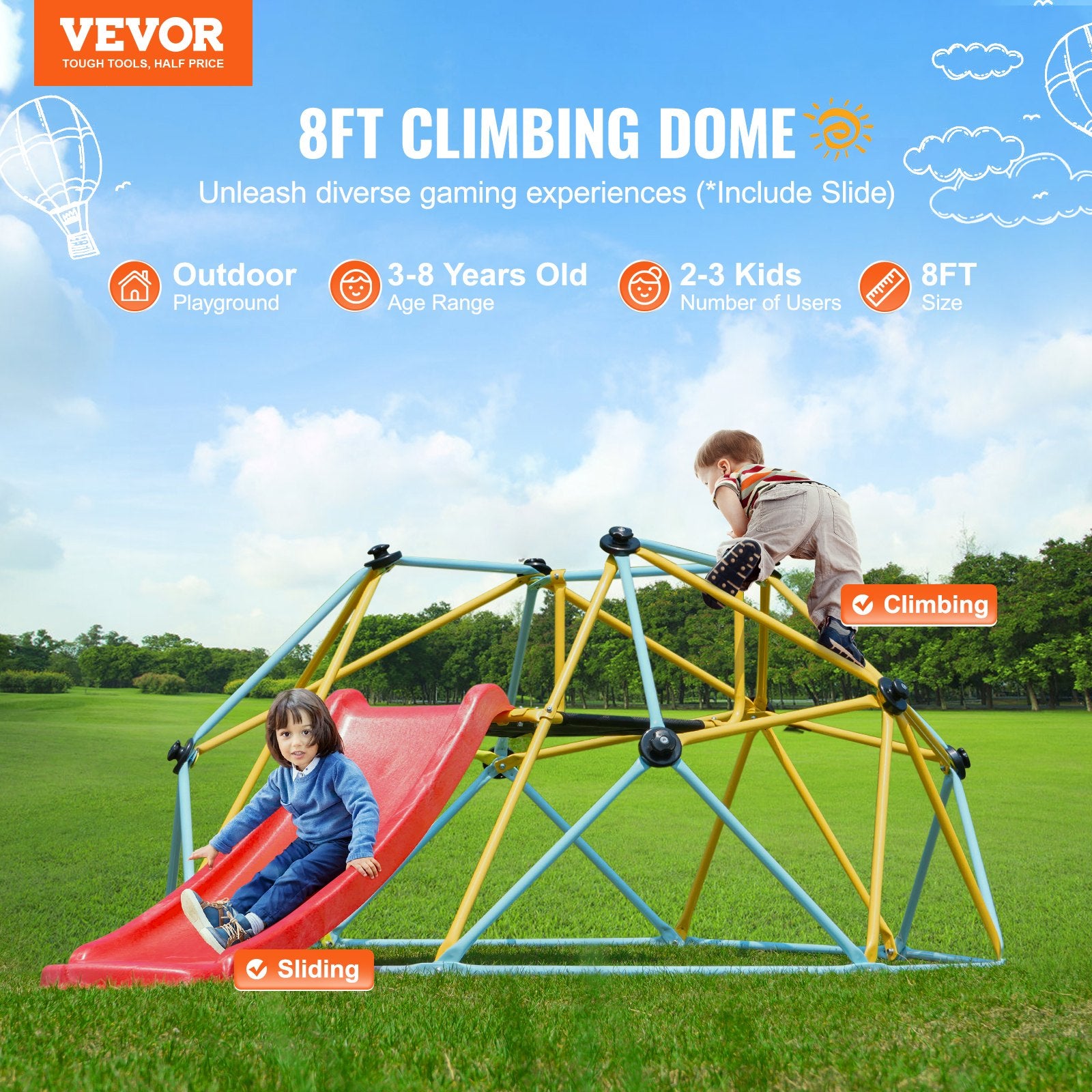 Climbing Dome, 8FT Geometric Dome Climber with Slide, for Kids 3 to 9 Years Old, Jungle Gym Supports 600LBS and Easy Assembly, with Climbing Grip, Outdoor and Indoor Play Equipment for Kids