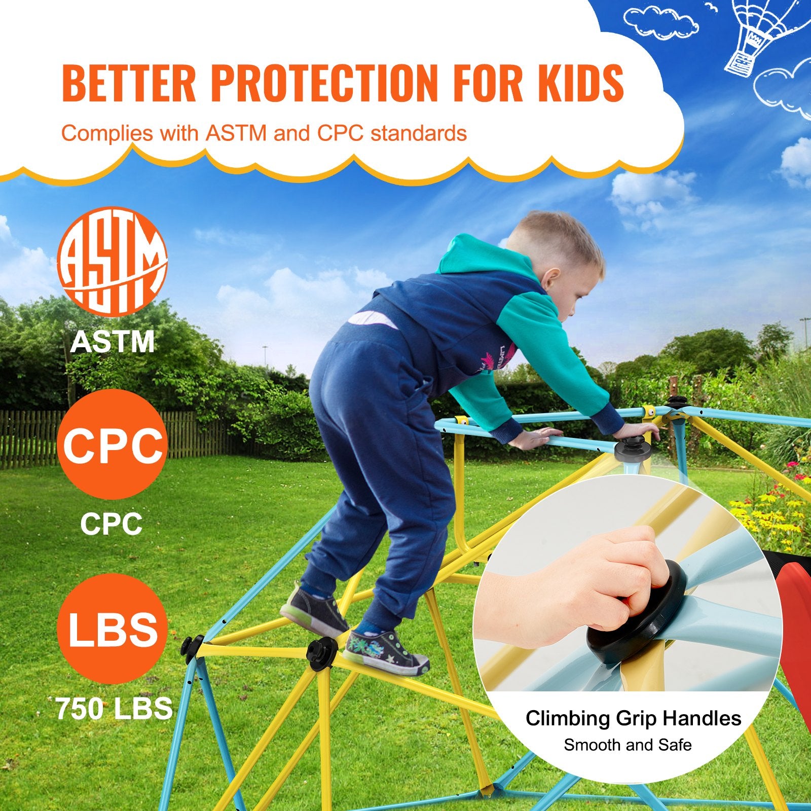 Climbing Dome, 8FT Geometric Dome Climber with Slide, for Kids 3 to 9 Years Old, Jungle Gym Supports 600LBS and Easy Assembly, with Climbing Grip, Outdoor and Indoor Play Equipment for Kids