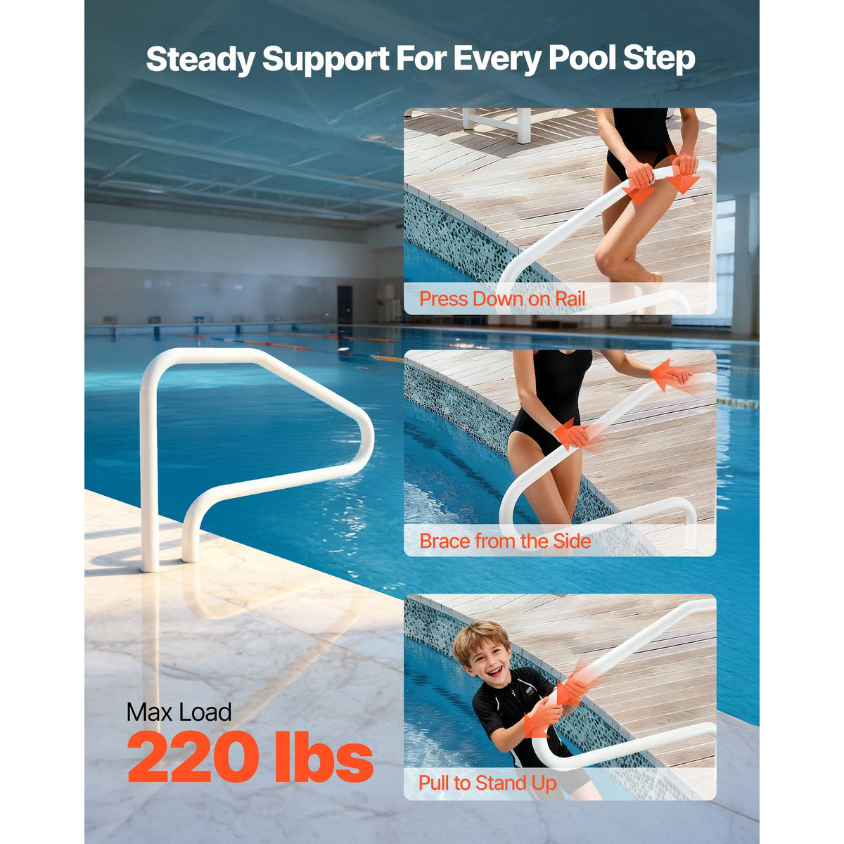122x81cm Stainless Steel Pool Handrail 220lbs Heavy Duty Swimming Rail