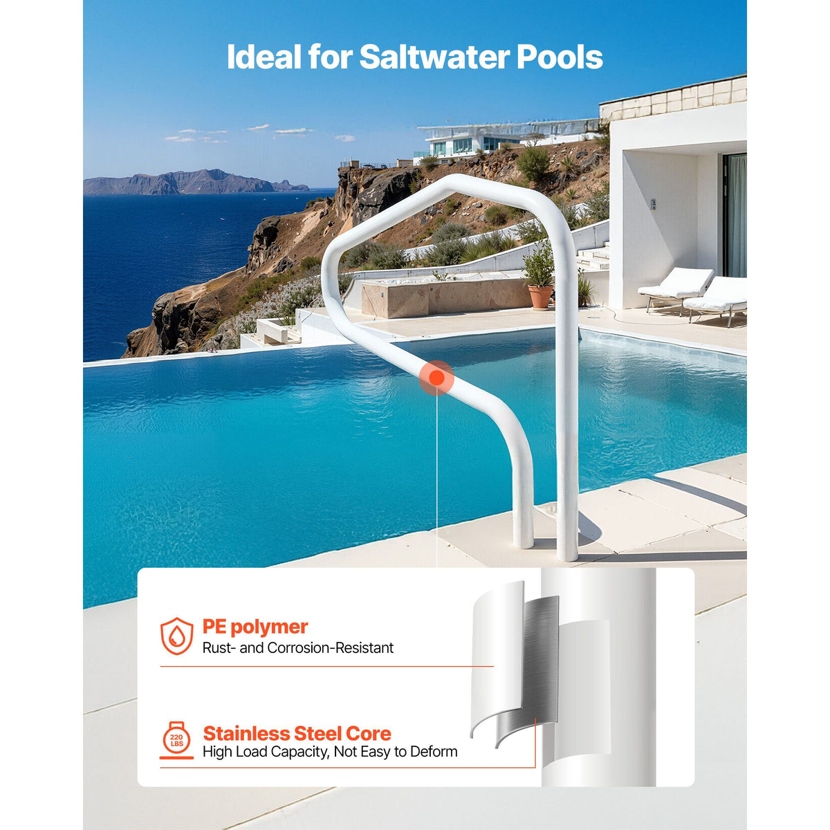 122x81cm Stainless Steel Pool Handrail 220lbs Heavy Duty Swimming Rail