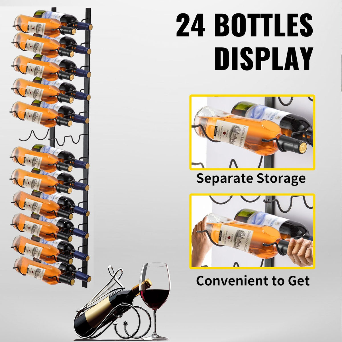 Wall Mounted Wine Rack 24 Bottle Holder Black Steel Vertical Storage Shelf