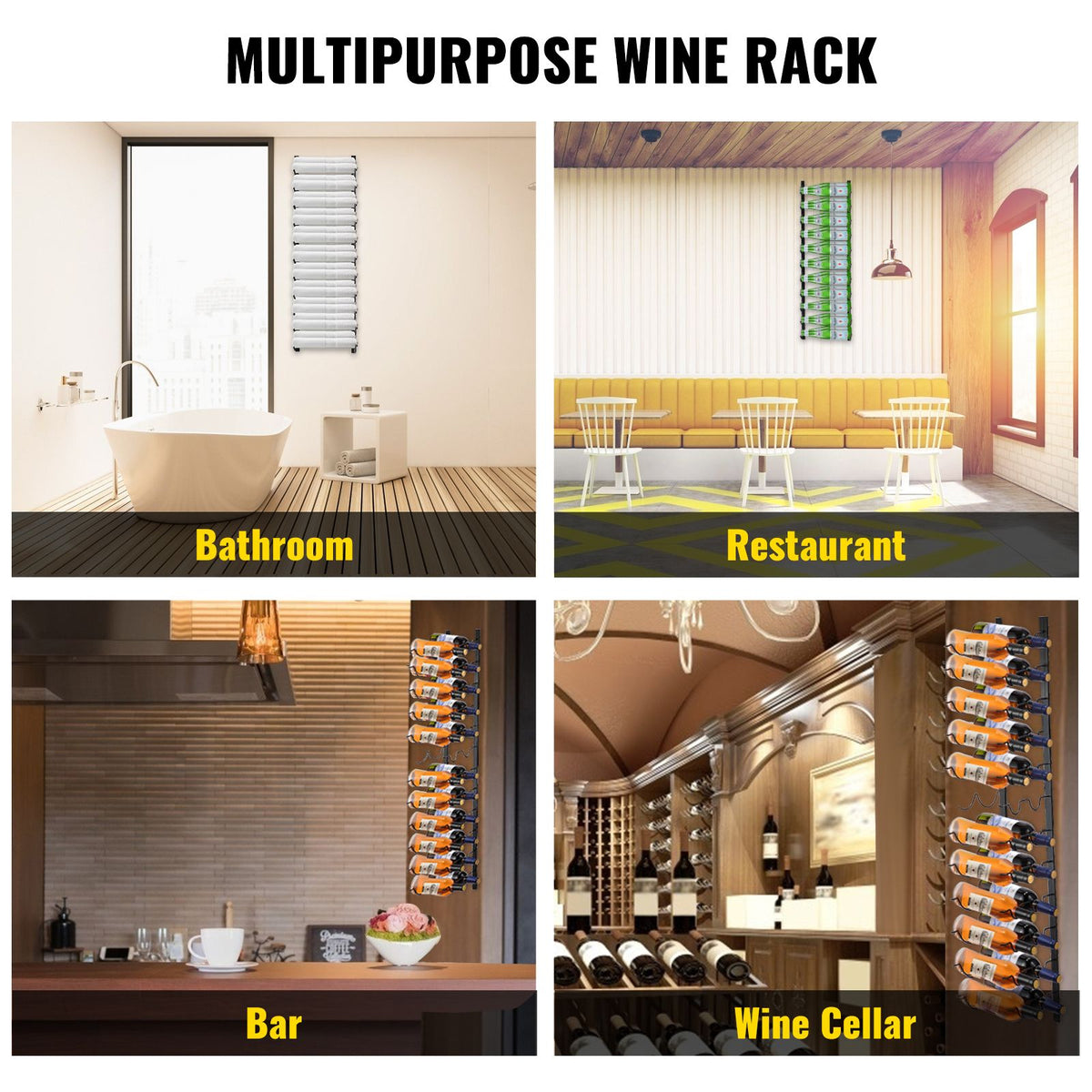 Wall Mounted Wine Rack 24 Bottle Holder Black Steel Vertical Storage Shelf