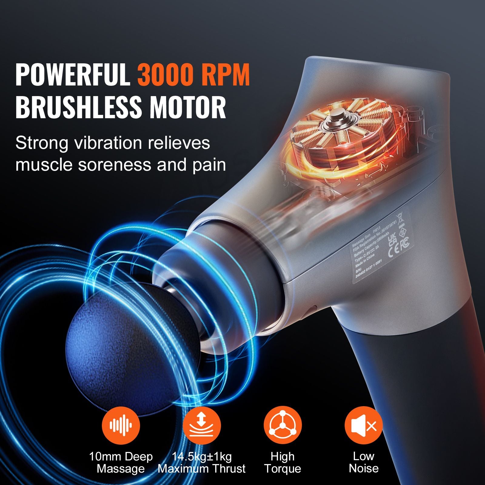 Massage Gun Deep Tissue, Percussion Muscle Massager for Athletes - with 6 Speed Levels & 4 Massage Heads, 12V 2500mAh Batteries, Handheld Electric Massage Gun for Pain Relief, Muscle Relaxation