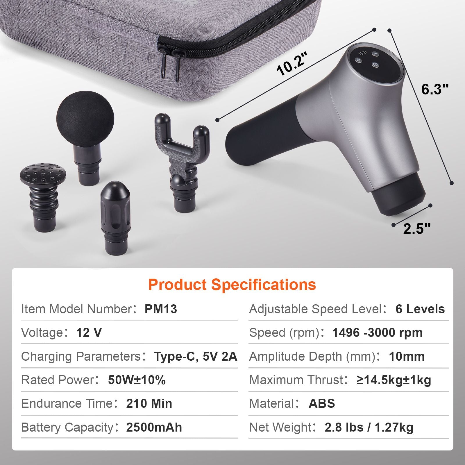 Massage Gun Deep Tissue, Percussion Muscle Massager for Athletes - with 6 Speed Levels & 4 Massage Heads, 12V 2500mAh Batteries, Handheld Electric Massage Gun for Pain Relief, Muscle Relaxation