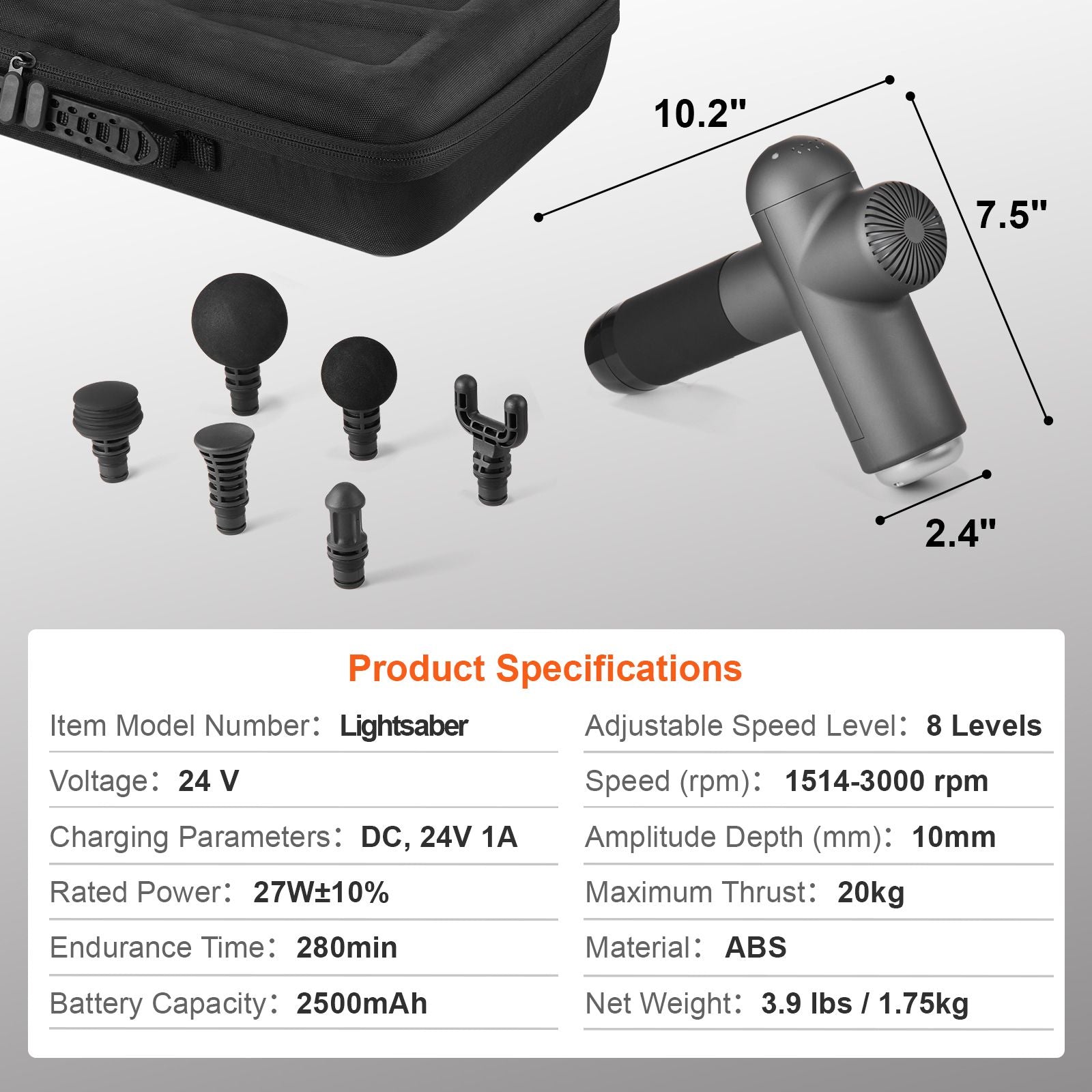 Massage Gun Deep Tissue, Percussion Muscle Massager for Athletes - with 8 Speed Levels & 6 Massage Heads, 24V 2500mAh Batteries, Handheld Electric Massage Gun for Pain Relief, Muscle Relaxation