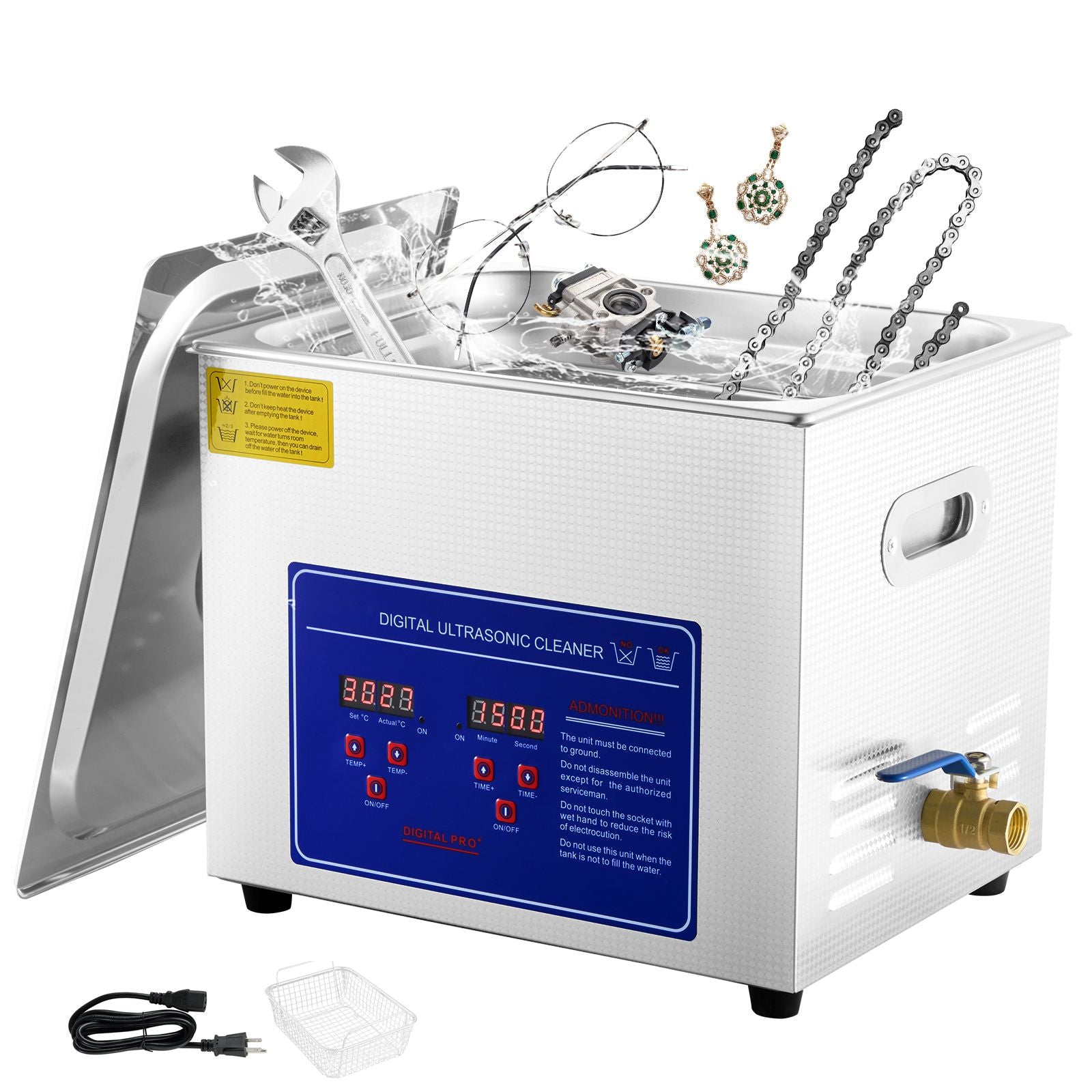 Ultrasonic Cleaner 10L Jewelry Cleaning with Digital Timer Ultrasonic Cleaning Machine for Jewellery Rings Watches Eyeglasses Dentures Coins Metal Parts Commercial and Home Use Silver