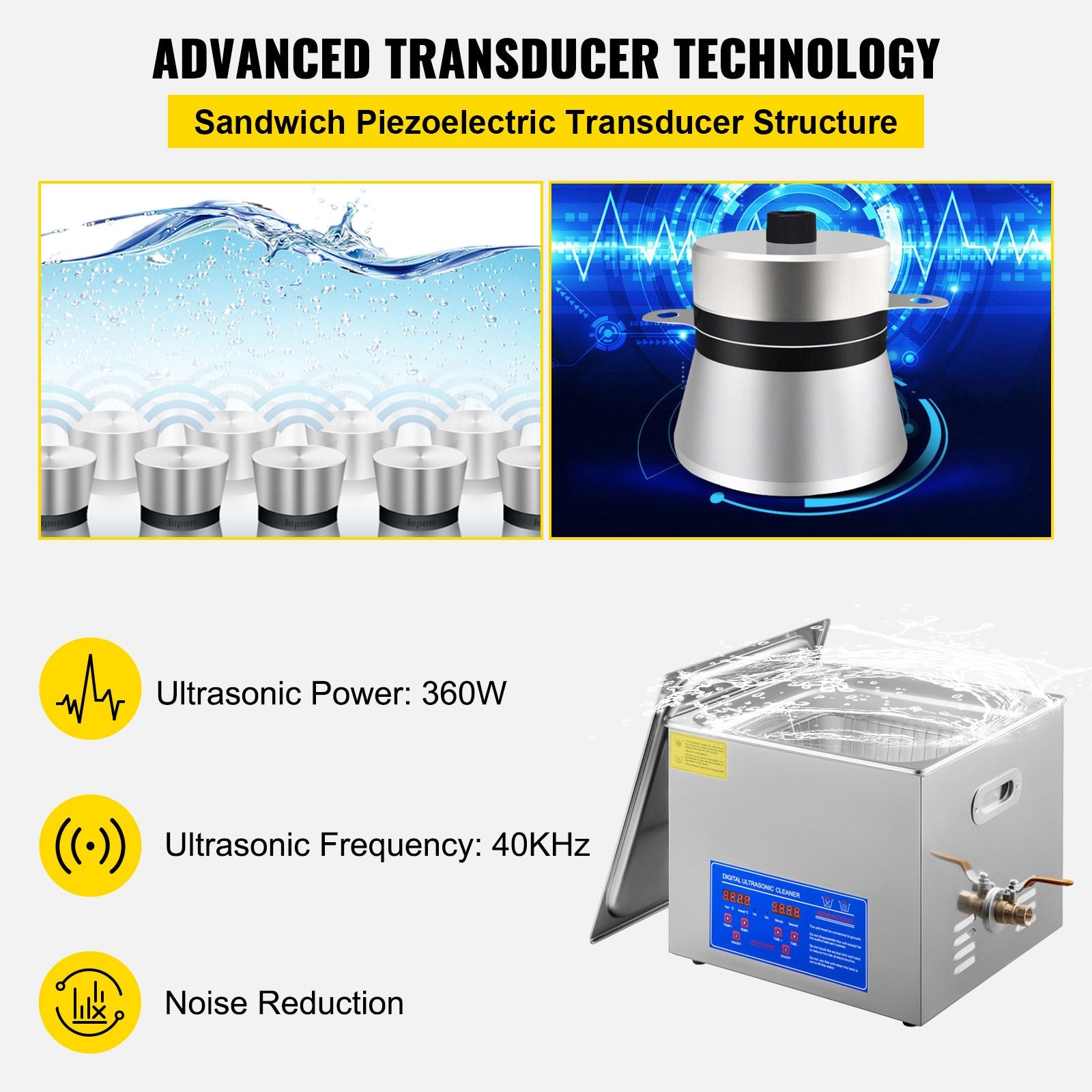 Powerful Stainless Steel 13.5-15 L Liters Ultrasonic Cleaner 360W Digital Heater Timer