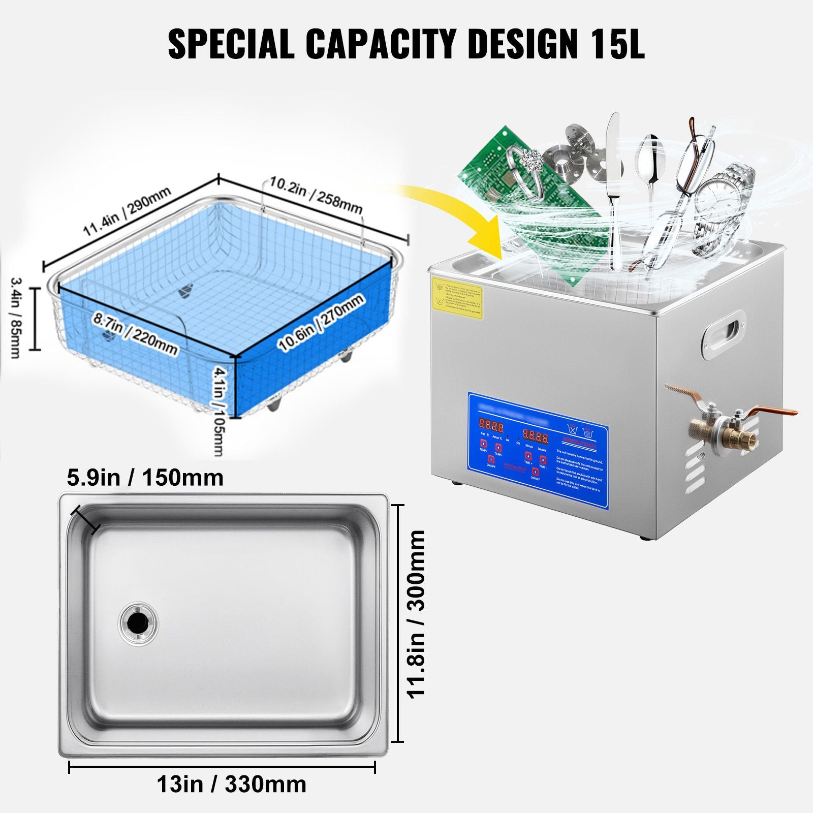 Powerful Stainless Steel 13.5-15 L Liters Ultrasonic Cleaner 360W Digital Heater Timer