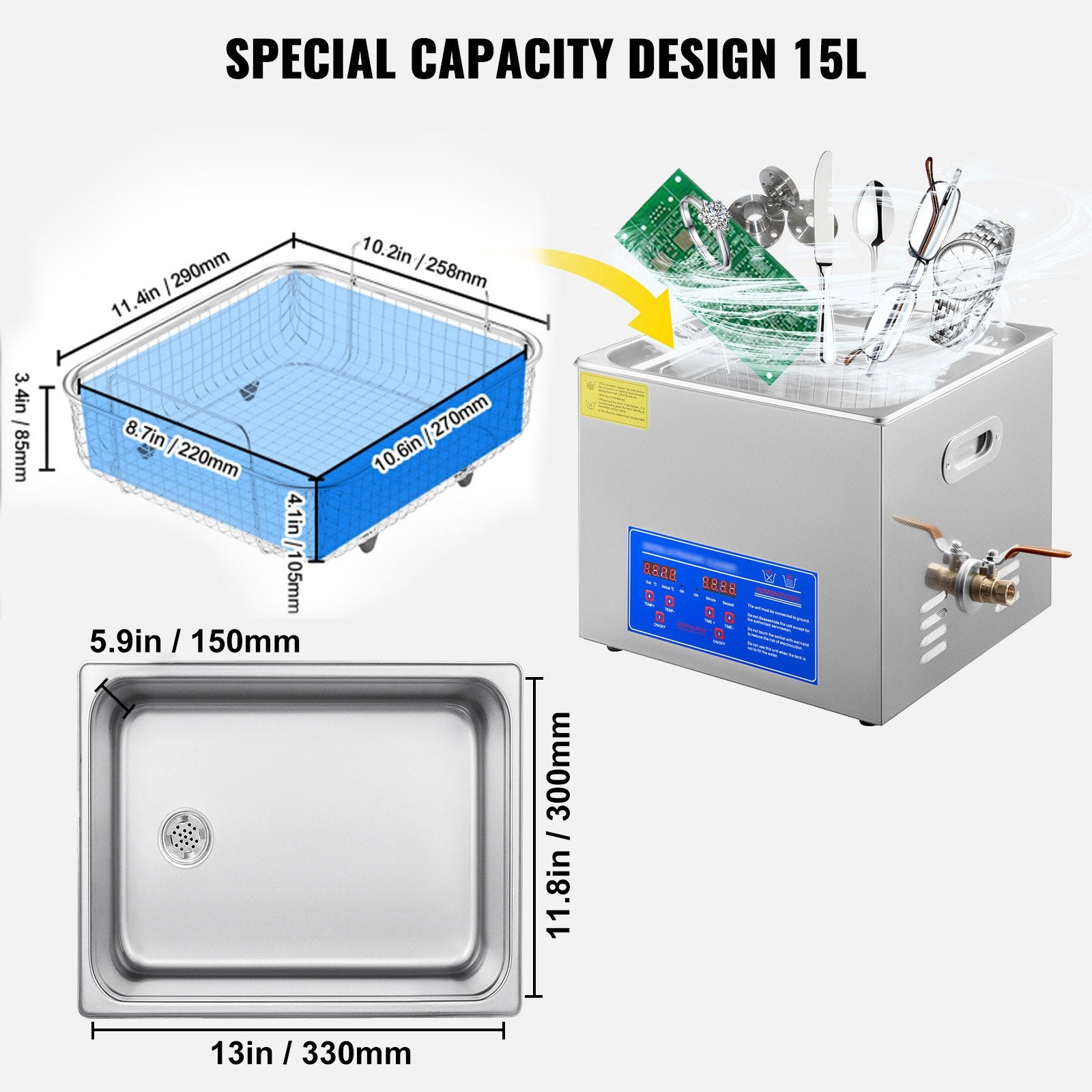 Powerful Stainless Steel 13.5-15 L Liters Ultrasonic Cleaner 360W Digital Heater Timer