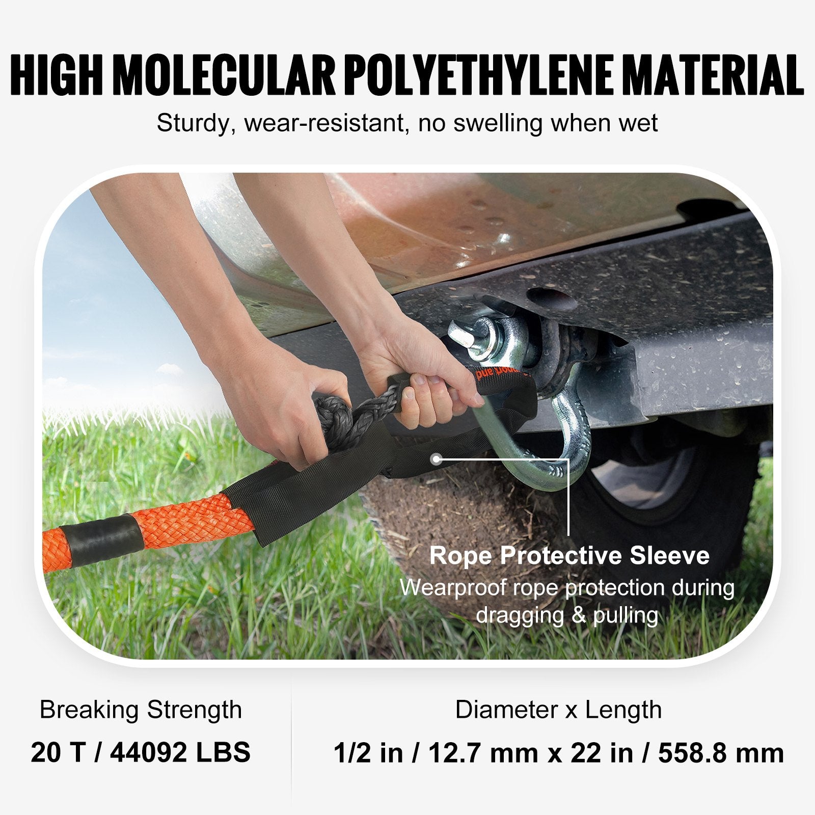 Synthetic Soft Shackle Rope, 2 Pack 12.7 x 558.8 mm 20 Ton Breaking Strength, Recovery Tow Shackles with Extra 2 Sleeves and Storage Bag for UTV, ATV, Trucks, Jeep, Off-Road Vehicles, Black