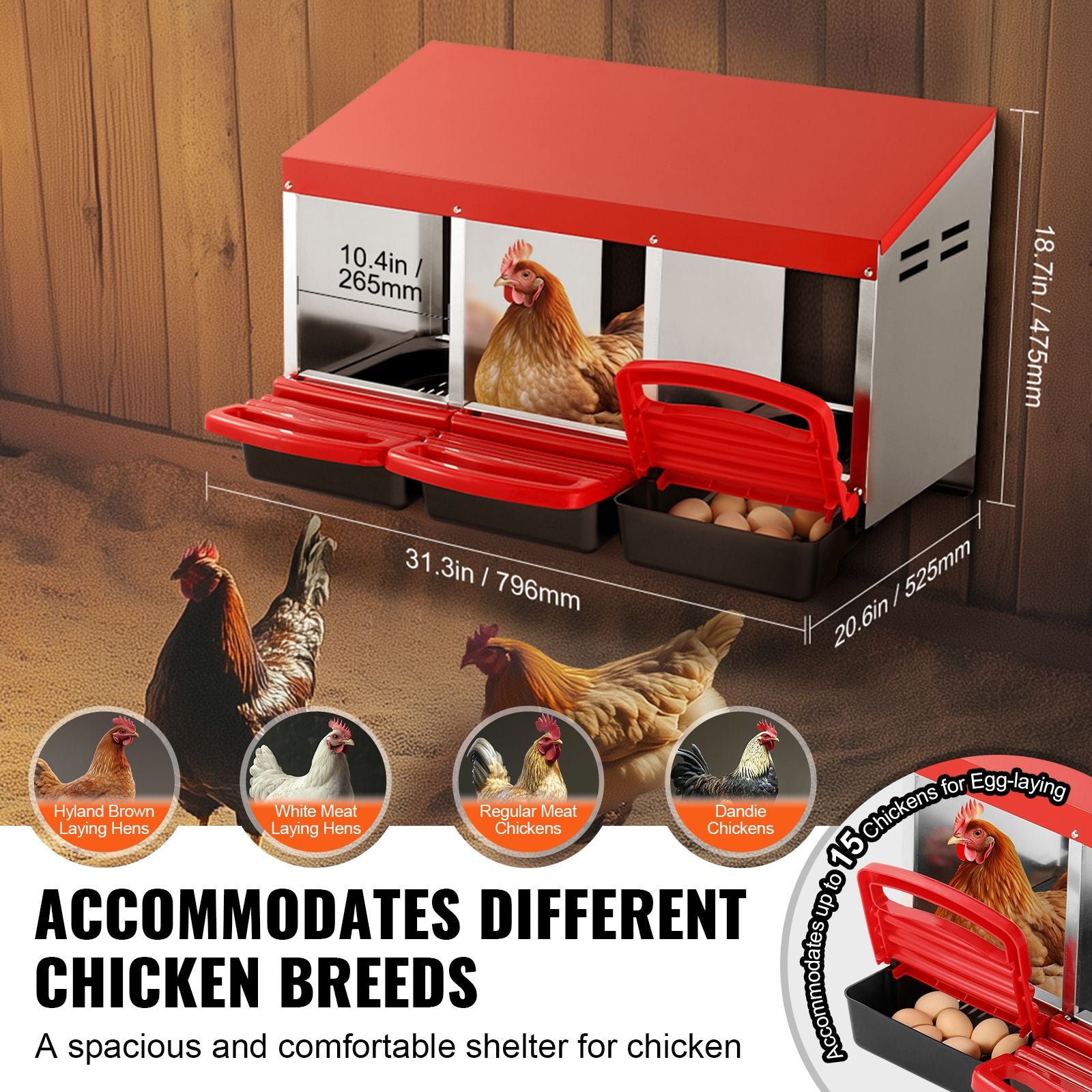 3 Compartment Chicken Nesting Box Galvanized Roll Away Egg Laying Box