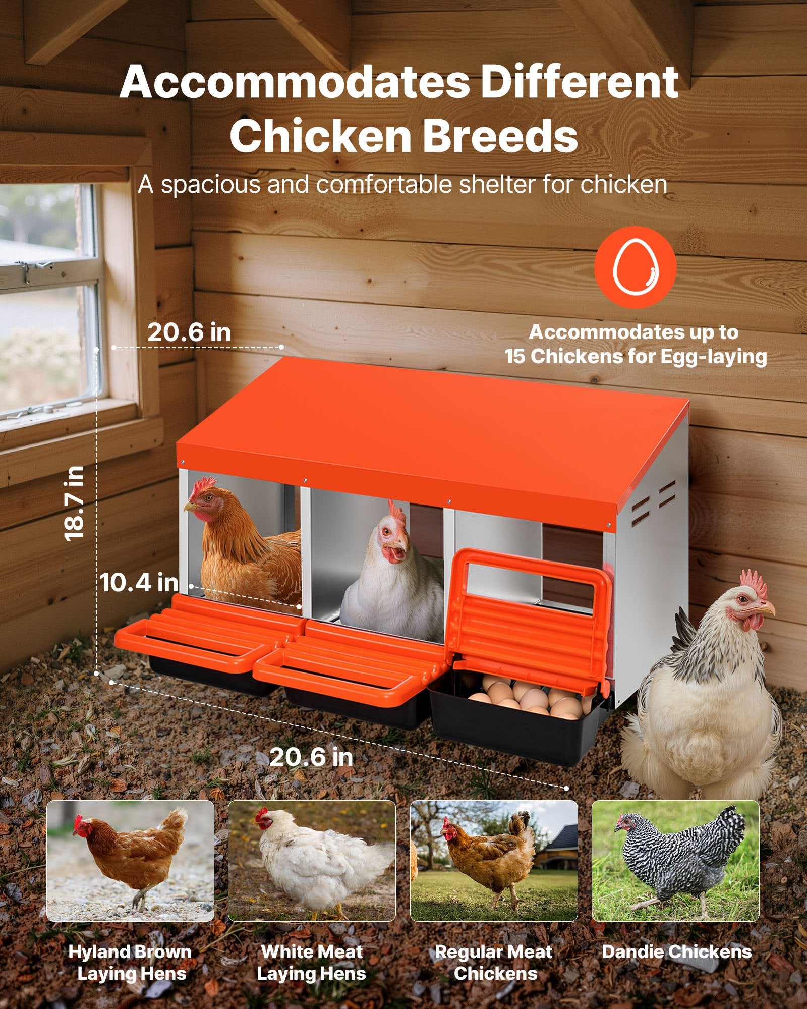 Chicken Nest Box, 3-Compartment, 15 to 30 in Stable & Corrosion-Resistant Metal Nesting Boxes with Inclined Nesting Boxes, Bottom Holes & Resting Platform, Fit for Different Chicken Breeds