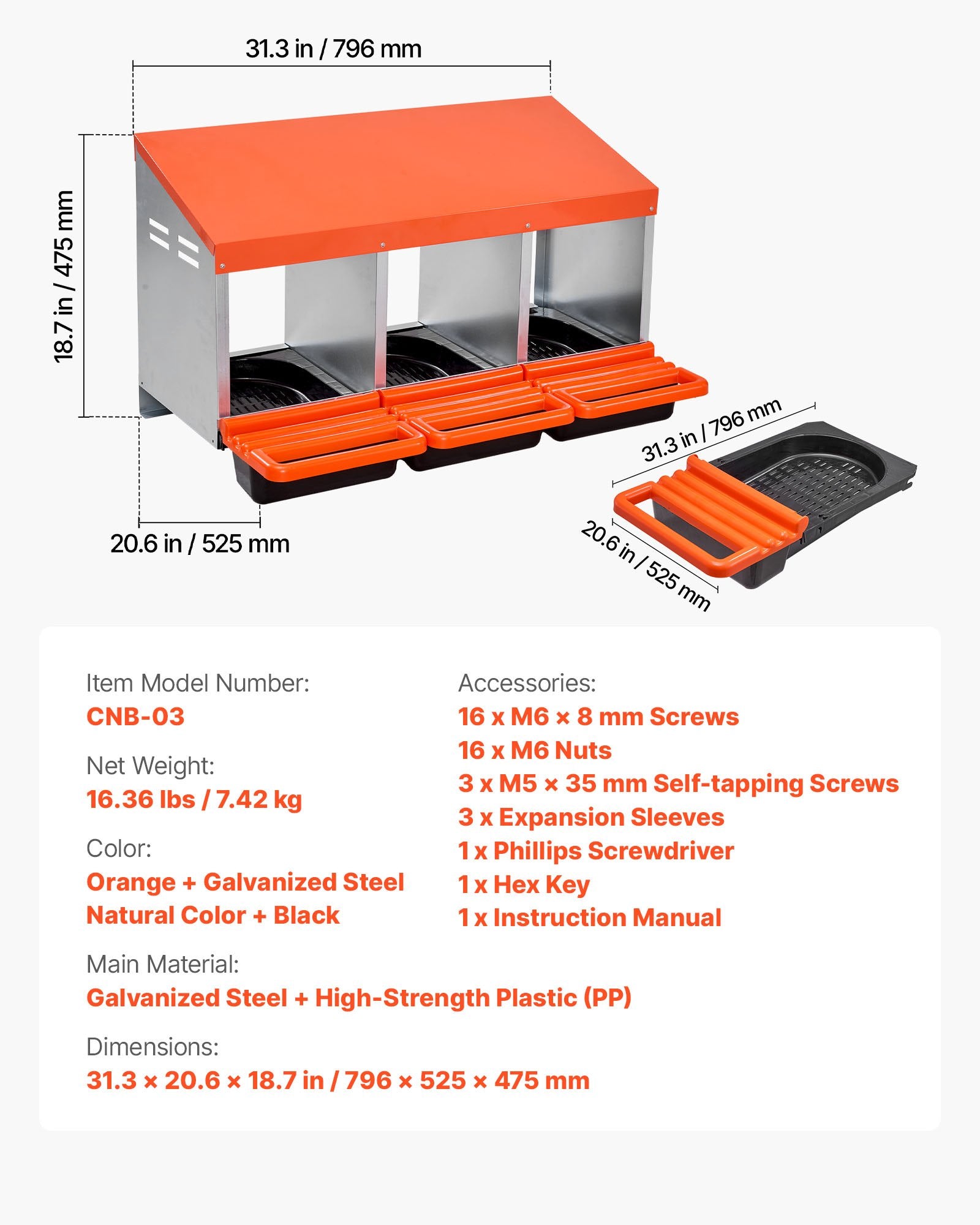 Chicken Nest Box, 3-Compartment, 15 to 30 in Stable & Corrosion-Resistant Metal Nesting Boxes with Inclined Nesting Boxes, Bottom Holes & Resting Platform, Fit for Different Chicken Breeds