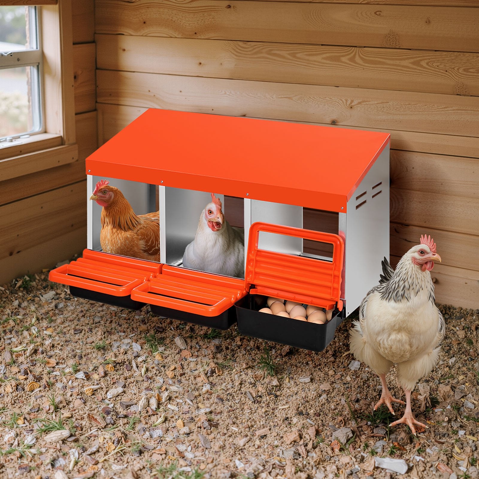 Chicken Nest Box, 3-Compartment, 15 to 30 in Stable & Corrosion-Resistant Metal Nesting Boxes with Inclined Nesting Boxes, Bottom Holes & Resting Platform, Fit for Different Chicken Breeds