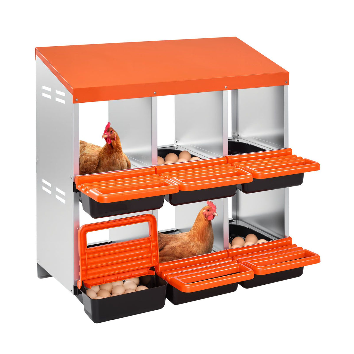 6 Compartment Chicken Nesting Boxes Roll Out Egg Laying Metal Coop Box