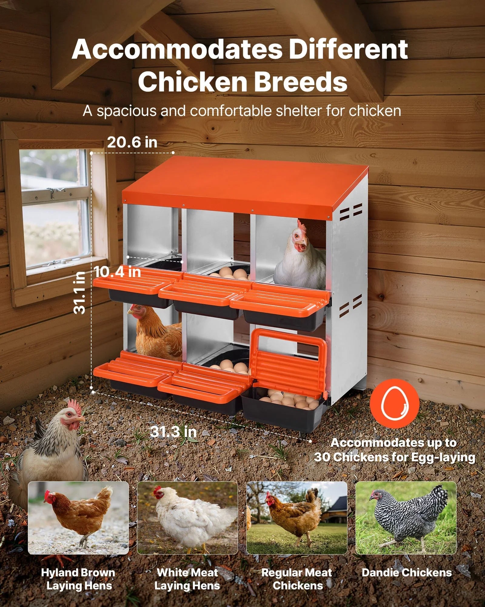 2 Tiers Chicken Nesting Boxes, 6 Compartments, Metal Egg Laying Boxes with Protective Collection Lids, Roll Out Nesting Box, Easy to Assemble, Ideal for Hens, Ducks, Chickens, and Other Poultry