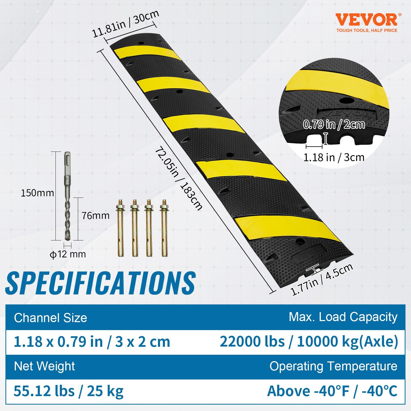 6 ft Rubber Speed Hump, 2 Channel, 10000 kg/axle Load Capacity Heavy Duty Traffic Speed Bump, with High Reflective Yellow Strip 4 Expansion Screws and 1 Drill, for Asphalt Concrete Gravel Roads
