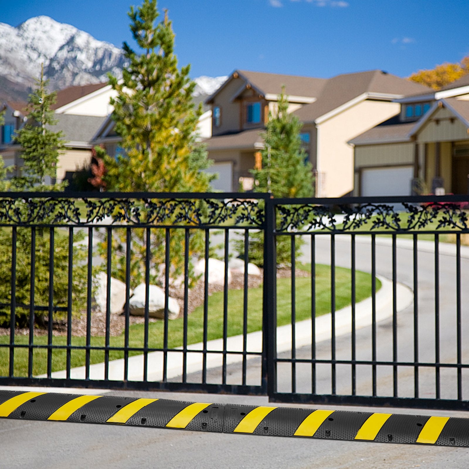 6 ft Rubber Speed Hump, 2 Channel, 10000 kg/axle Load Capacity Heavy Duty Traffic Speed Bump, with High Reflective Yellow Strip 4 Expansion Screws and 1 Drill, for Asphalt Concrete Gravel Roads