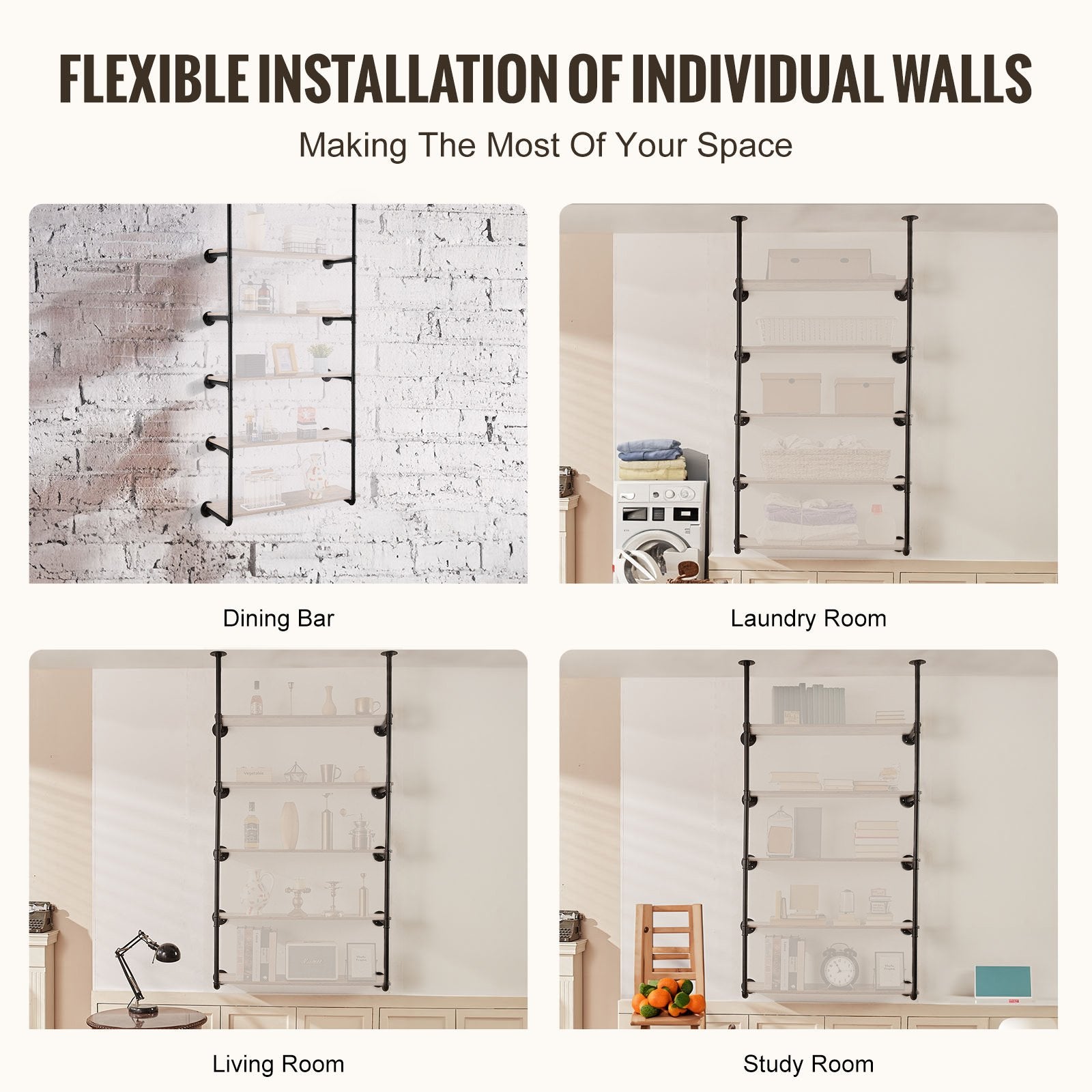 Industrial Pipe Shelf, 5 Tier 2PCS, 9.84in Applicable Board Width Wall-Mount Floating Rustic Wood Shelves Bracket Bookshelf,Storage Holder for Kitchen Bedroom Bathroom, (Planks NOT Included)