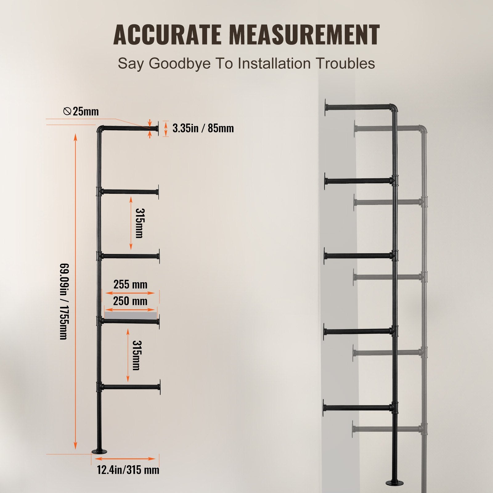 Industrial Pipe Shelf, 5 Tier 2PCS, 9.84in Applicable Board Width Wall-Mount Floating Rustic Wood Shelves Bracket Bookshelf,Storage Holder for Kitchen Bedroom Bathroom, (Planks NOT Included)