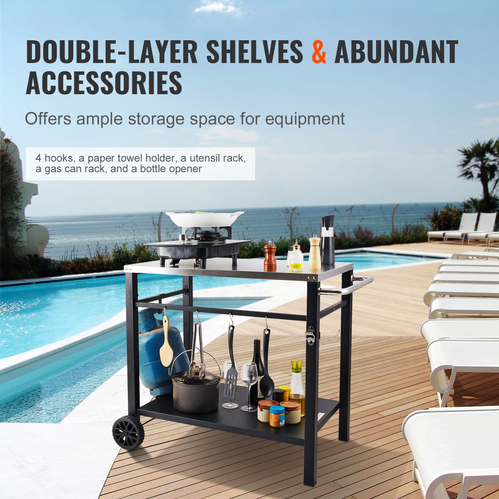 Outdoor Grill Dining Cart with Double-Shelf, 85*55cm BBQ Movable Food Prep Table, Multifunctional Stainless Steel Table Top, Portable Modular Carts for Pizza Oven, Worktable with 2 Wheels, Carry Handle
