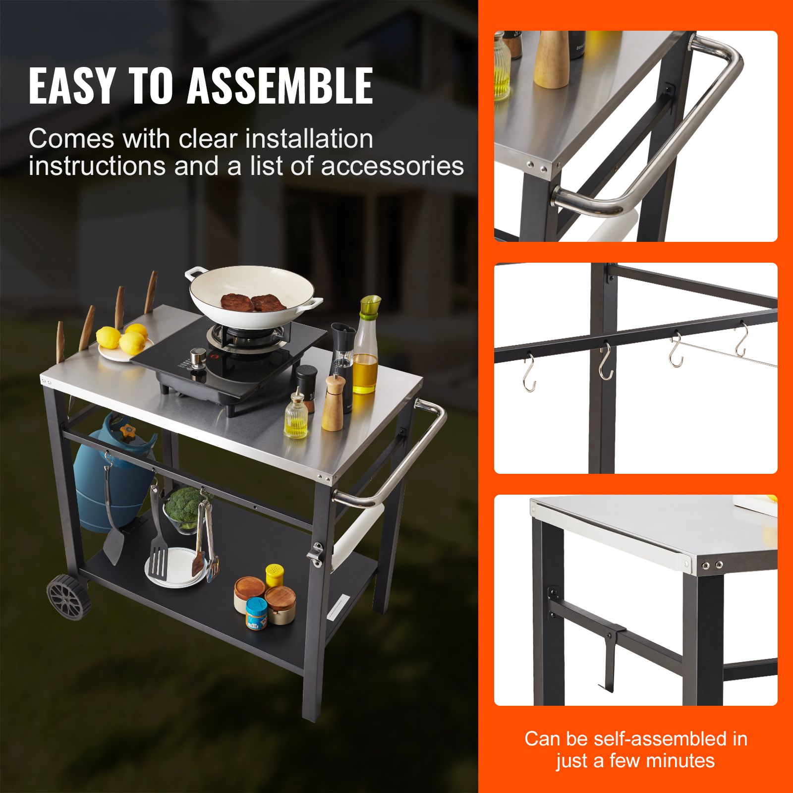 Outdoor Grill Dining Cart with Double-Shelf, 85*55cm BBQ Movable Food Prep Table, Multifunctional Stainless Steel Table Top, Portable Modular Carts for Pizza Oven, Worktable with 2 Wheels, Carry Handle