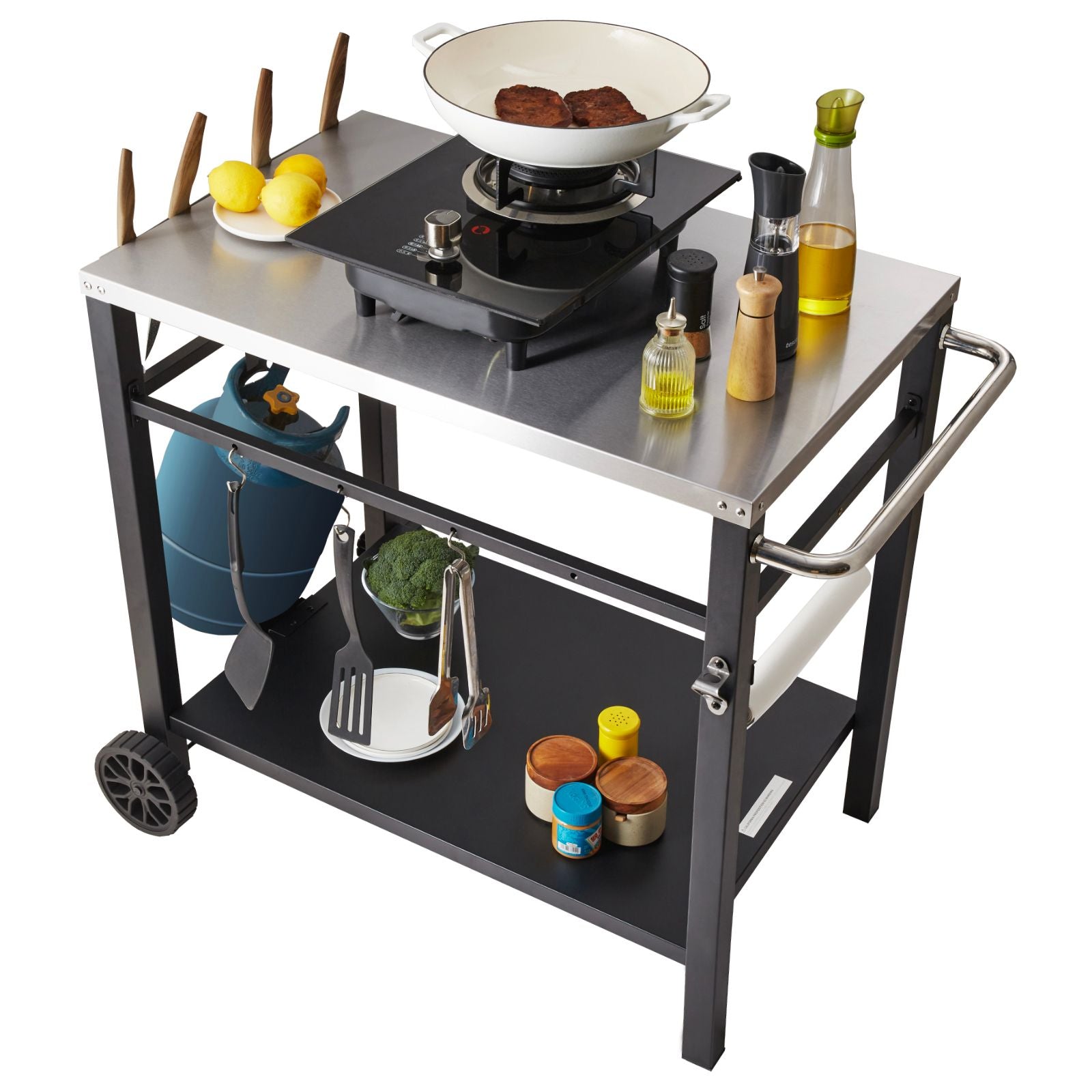 Outdoor Grill Dining Cart with Double-Shelf, 85*55cm BBQ Movable Food Prep Table, Multifunctional Stainless Steel Table Top, Portable Modular Carts for Pizza Oven, Worktable with 2 Wheels, Carry Handle