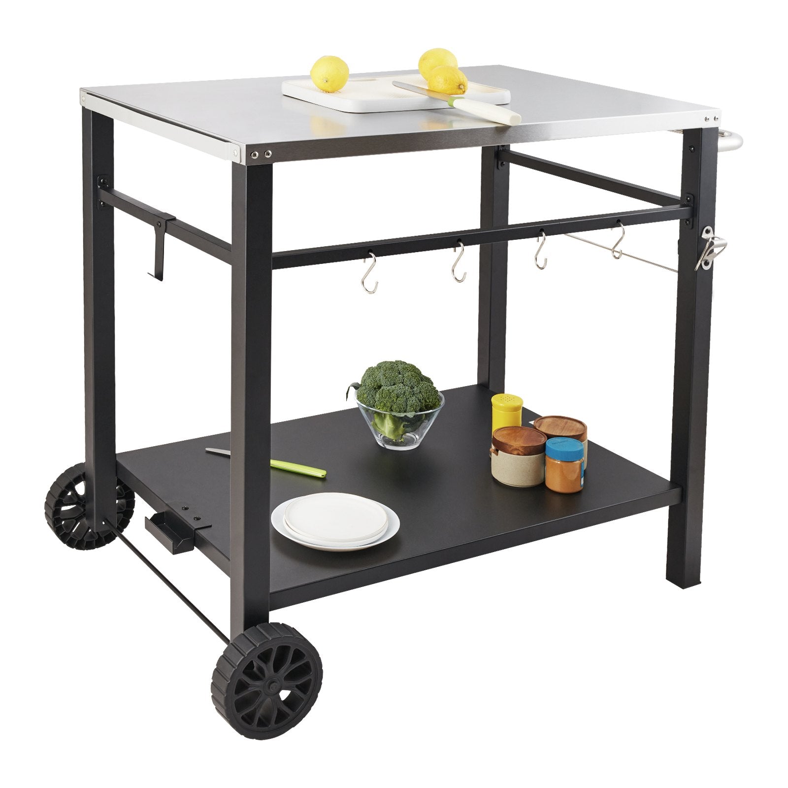 Outdoor Grill Dining Cart with Double-Shelf, 85*55cm BBQ Movable Food Prep Table, Multifunctional Stainless Steel Table Top, Portable Modular Carts for Pizza Oven, Worktable with 2 Wheels, Carry Handle