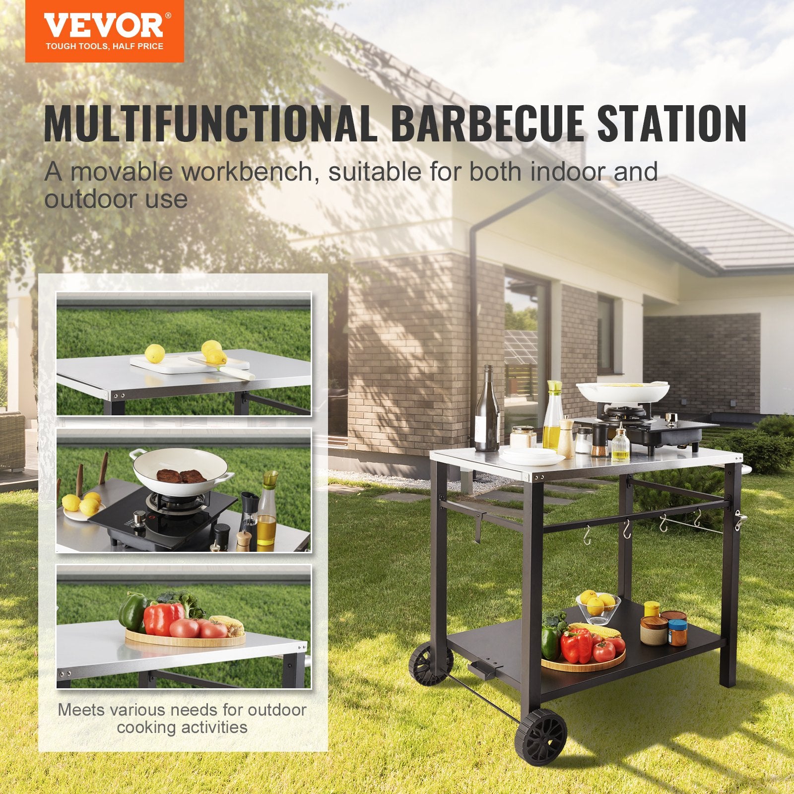 Outdoor Grill Dining Cart with Double-Shelf, 85*55cm BBQ Movable Food Prep Table, Multifunctional Stainless Steel Table Top, Portable Modular Carts for Pizza Oven, Worktable with 2 Wheels, Carry Handle