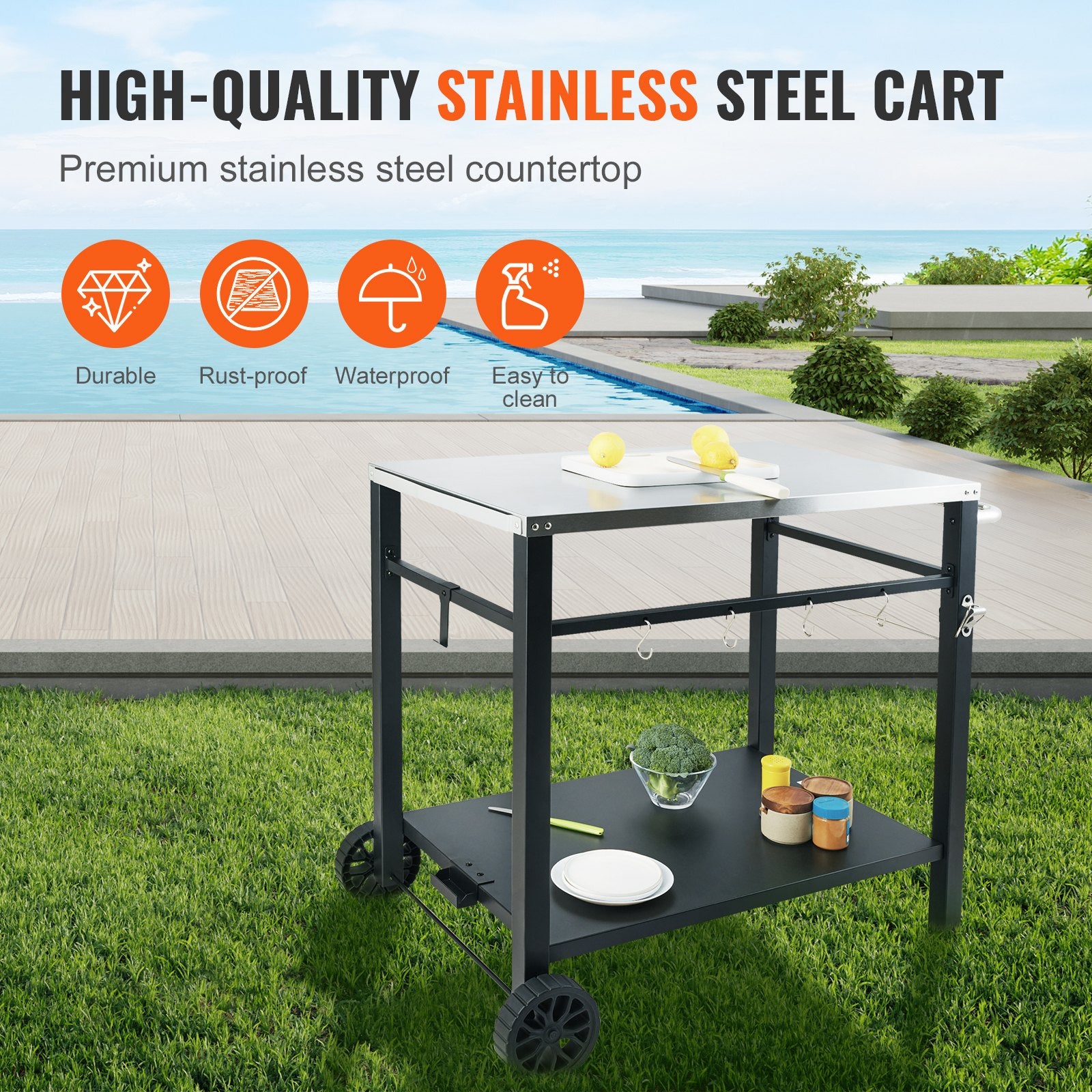 Outdoor Grill Dining Cart with Double-Shelf, 85*55cm BBQ Movable Food Prep Table, Multifunctional Stainless Steel Table Top, Portable Modular Carts for Pizza Oven, Worktable with 2 Wheels, Carry Handle