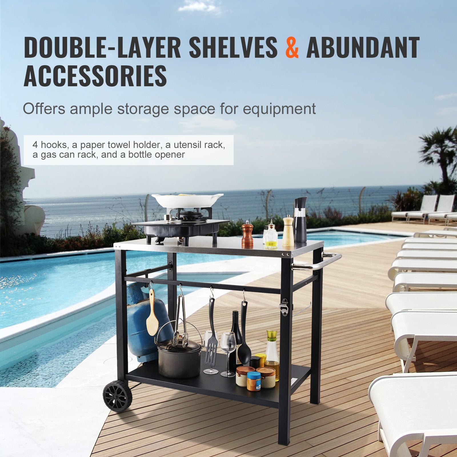 Outdoor Grill Dining Cart with Double-Shelf, 85*55cm BBQ Movable Food Prep Table, Multifunctional Stainless Steel Table Top, Portable Modular Carts for Pizza Oven, Worktable with 2 Wheels, Carry Handle