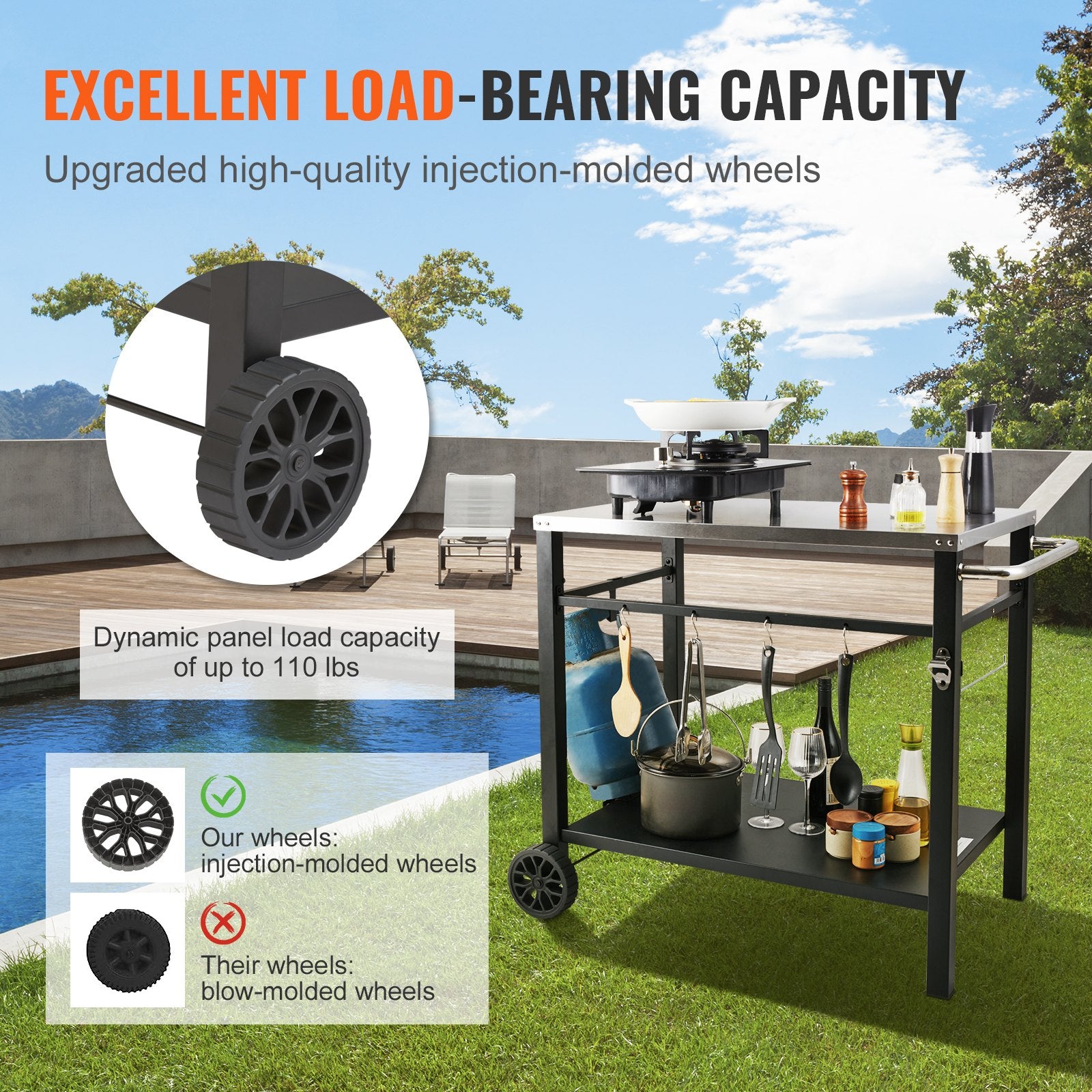 Outdoor Grill Dining Cart with Double-Shelf, 85*55cm BBQ Movable Food Prep Table, Multifunctional Stainless Steel Table Top, Portable Modular Carts for Pizza Oven, Worktable with 2 Wheels, Carry Handle