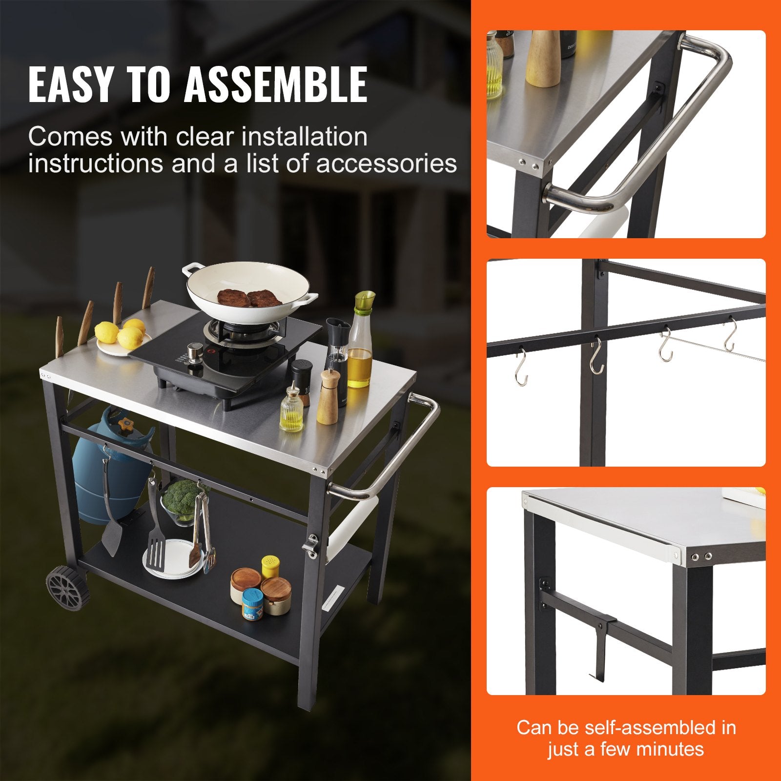 Outdoor Grill Dining Cart with Double-Shelf, 85*55cm BBQ Movable Food Prep Table, Multifunctional Stainless Steel Table Top, Portable Modular Carts for Pizza Oven, Worktable with 2 Wheels, Carry Handle