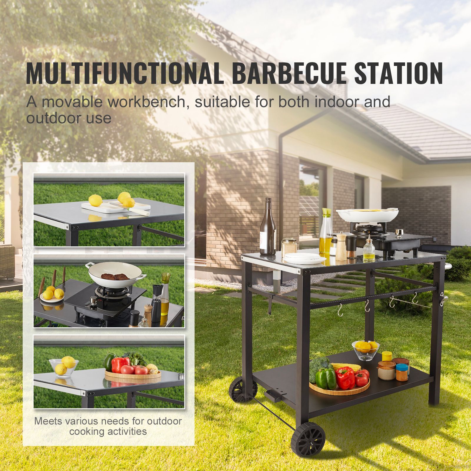Outdoor Grill Dining Cart with Double-Shelf, 85*55cm BBQ Movable Food Prep Table, Multifunctional Iron Table Top, Portable Modular Carts for Pizza Oven, Worktable with 2 Wheels, Carry Handle, Black