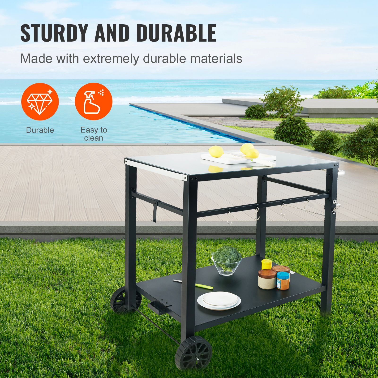 Outdoor Grill Dining Cart with Double-Shelf, 85*55cm BBQ Movable Food Prep Table, Multifunctional Iron Table Top, Portable Modular Carts for Pizza Oven, Worktable with 2 Wheels, Carry Handle, Black