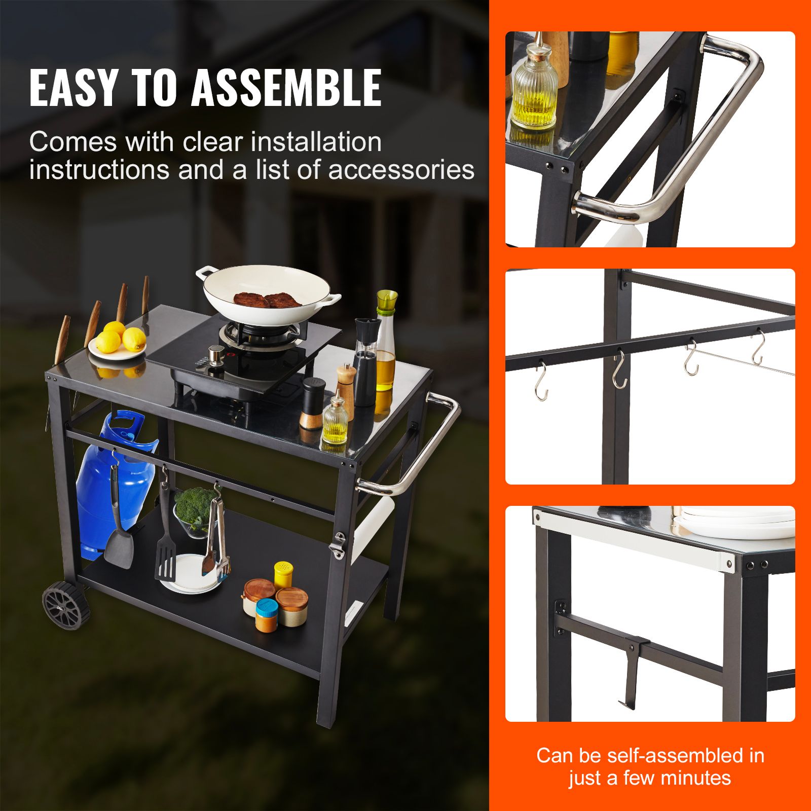Outdoor Grill Dining Cart with Double-Shelf, 85*55cm BBQ Movable Food Prep Table, Multifunctional Iron Table Top, Portable Modular Carts for Pizza Oven, Worktable with 2 Wheels, Carry Handle, Black