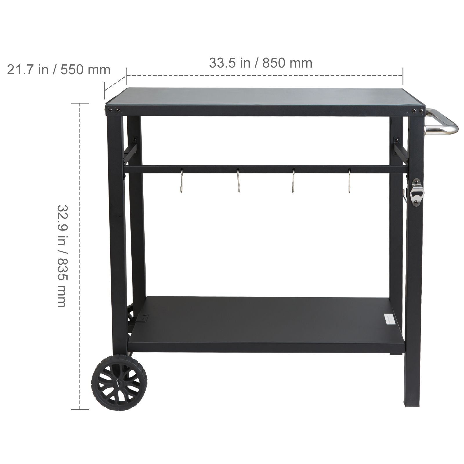 Outdoor Grill Dining Cart with Double-Shelf, 85*55cm BBQ Movable Food Prep Table, Multifunctional Iron Table Top, Portable Modular Carts for Pizza Oven, Worktable with 2 Wheels, Carry Handle, Black