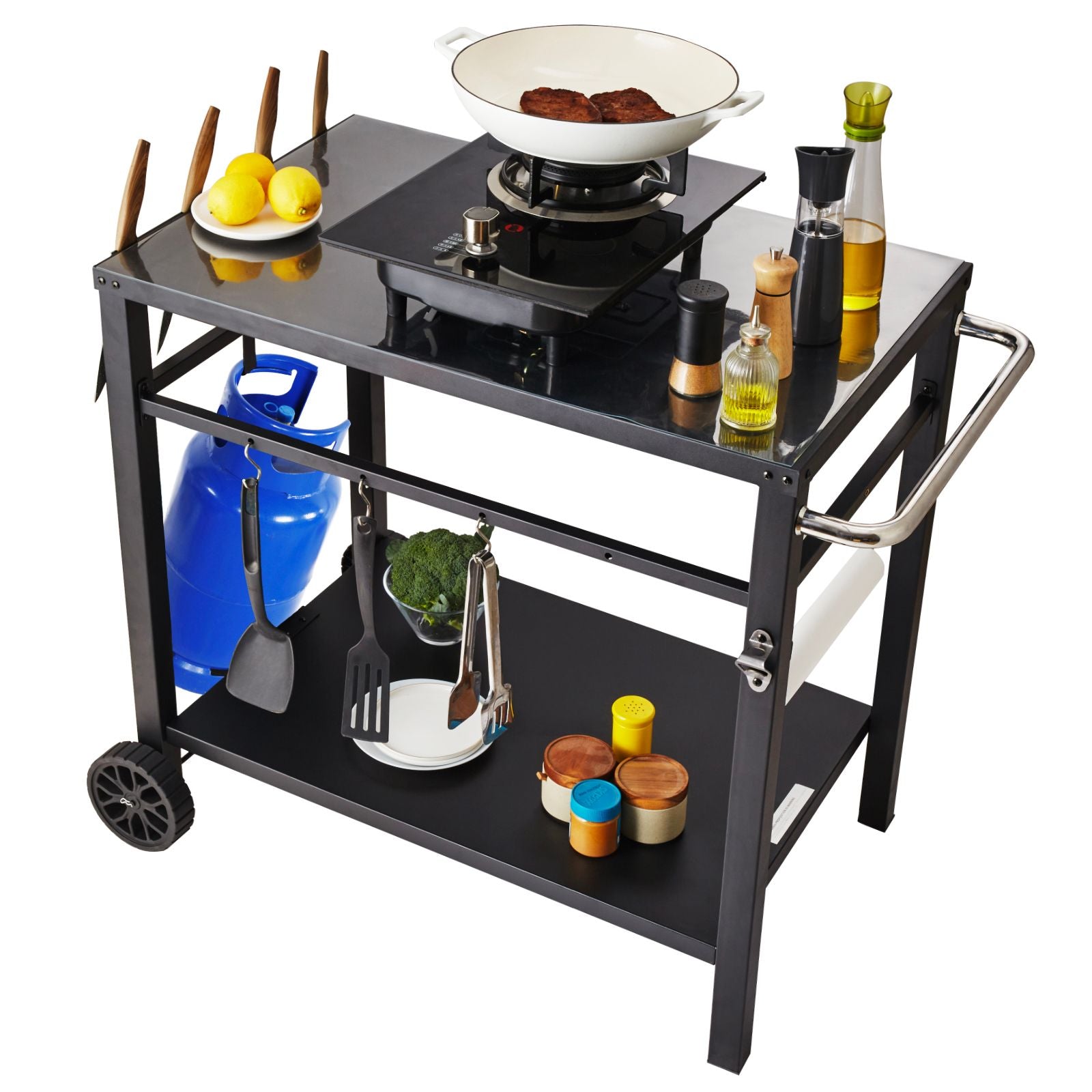 Outdoor Grill Dining Cart with Double-Shelf, 85*55cm BBQ Movable Food Prep Table, Multifunctional Iron Table Top, Portable Modular Carts for Pizza Oven, Worktable with 2 Wheels, Carry Handle, Black