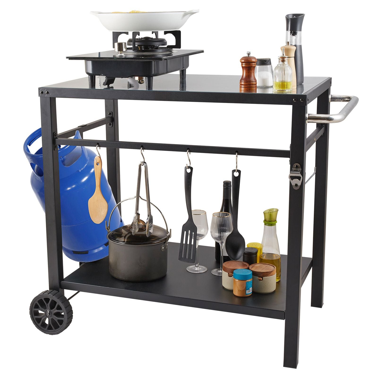 Outdoor Grill Dining Cart with Double-Shelf, 85*55cm BBQ Movable Food Prep Table, Multifunctional Iron Table Top, Portable Modular Carts for Pizza Oven, Worktable with 2 Wheels, Carry Handle, Black