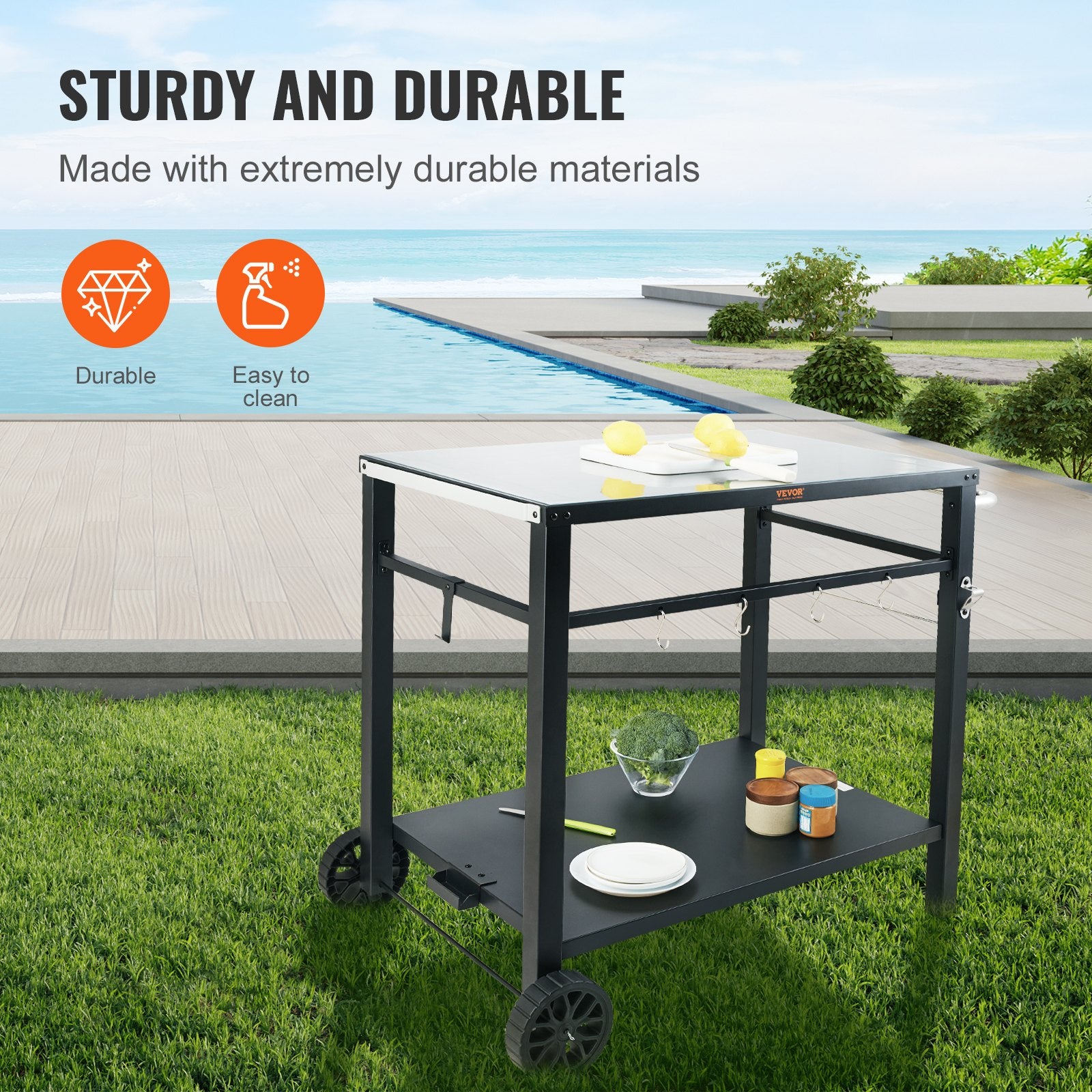 Outdoor Grill Dining Cart with Double-Shelf,  85*55cm BBQ Movable Food Prep Table, Multifunctional Iron Table Top, Portable Modular Carts for Pizza Oven, Worktable with 2 Wheels, Carry Handle, Black