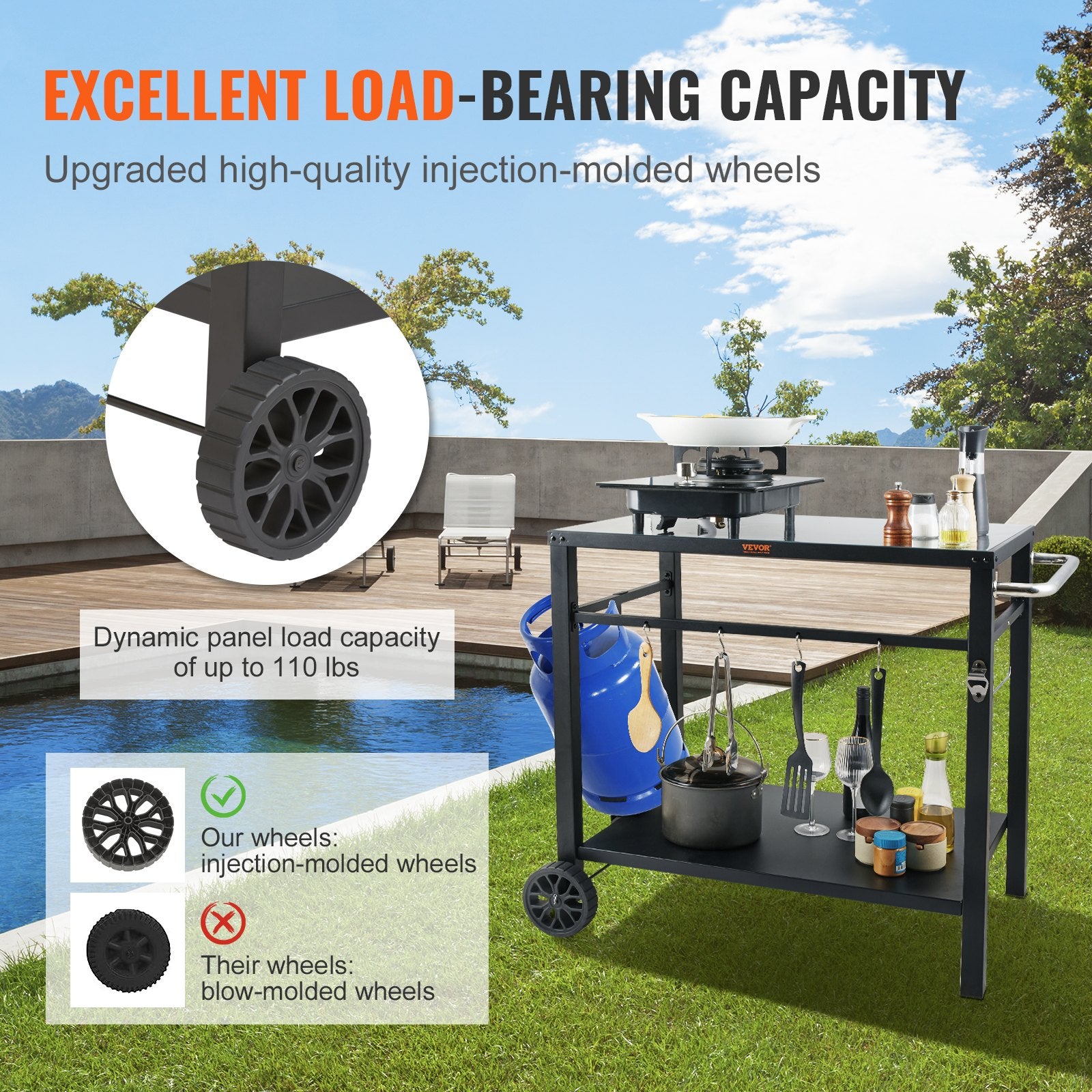 Outdoor Grill Dining Cart with Double-Shelf,  85*55cm BBQ Movable Food Prep Table, Multifunctional Iron Table Top, Portable Modular Carts for Pizza Oven, Worktable with 2 Wheels, Carry Handle, Black