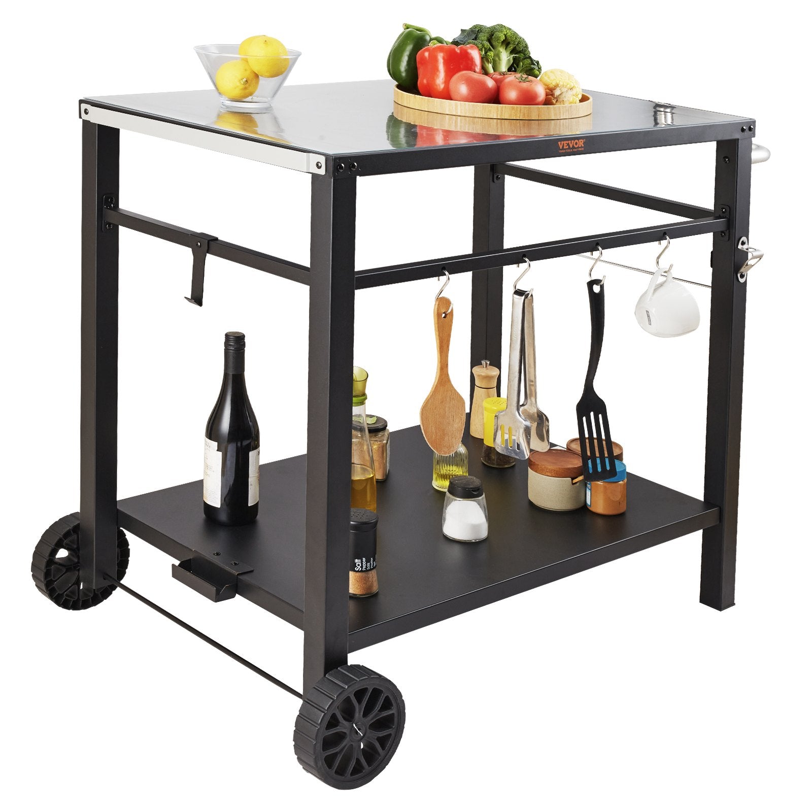 Outdoor Grill Dining Cart with Double-Shelf,  85*55cm BBQ Movable Food Prep Table, Multifunctional Iron Table Top, Portable Modular Carts for Pizza Oven, Worktable with 2 Wheels, Carry Handle, Black