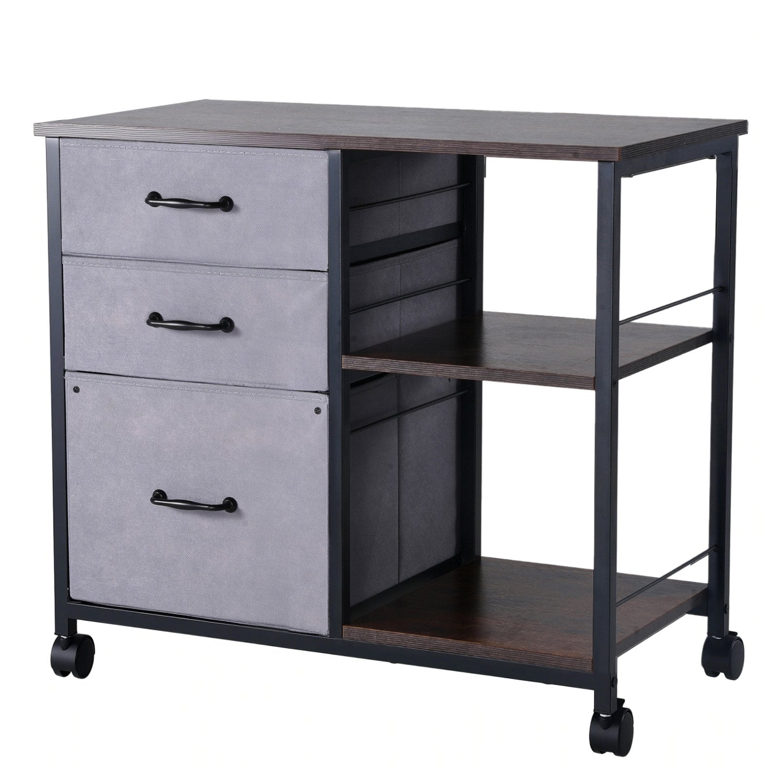 Mobile Metal File Cabinet with 3 Fabric Drawers and 2 Open Shelves Brown