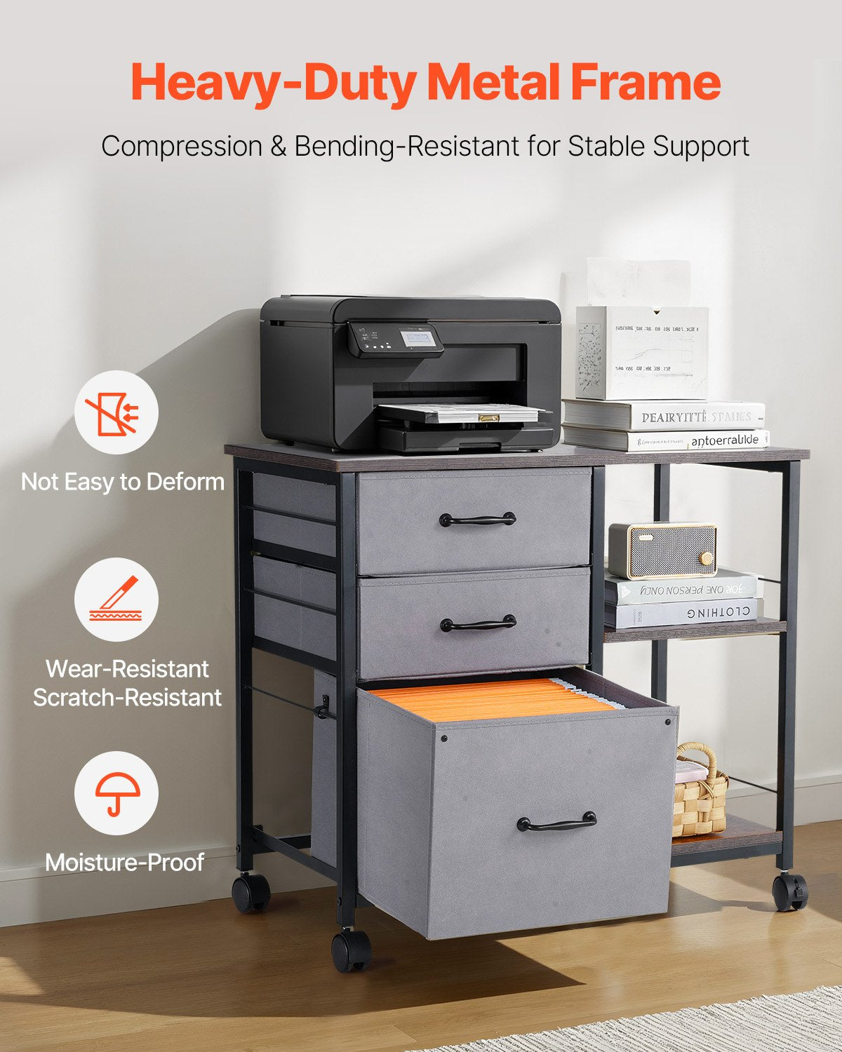 Mobile Metal File Cabinet with 3 Fabric Drawers and 2 Open Shelves Brown