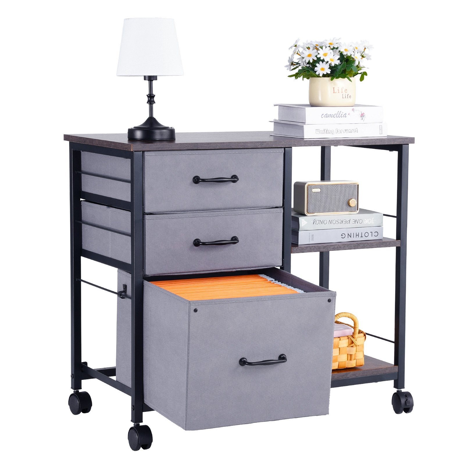 Mobile Metal File Cabinet with 3 Fabric Drawers and 2 Open Shelves Brown