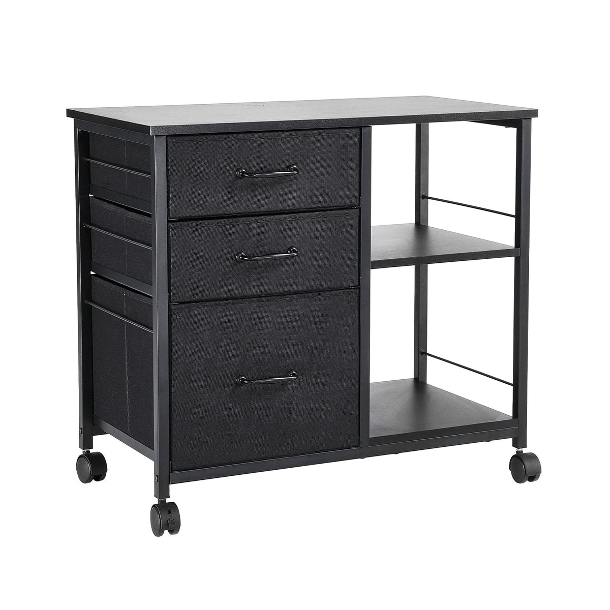Mobile Metal File Cabinet, 3 Fabric Drawers & 2 Open Shelves, Rolling Black