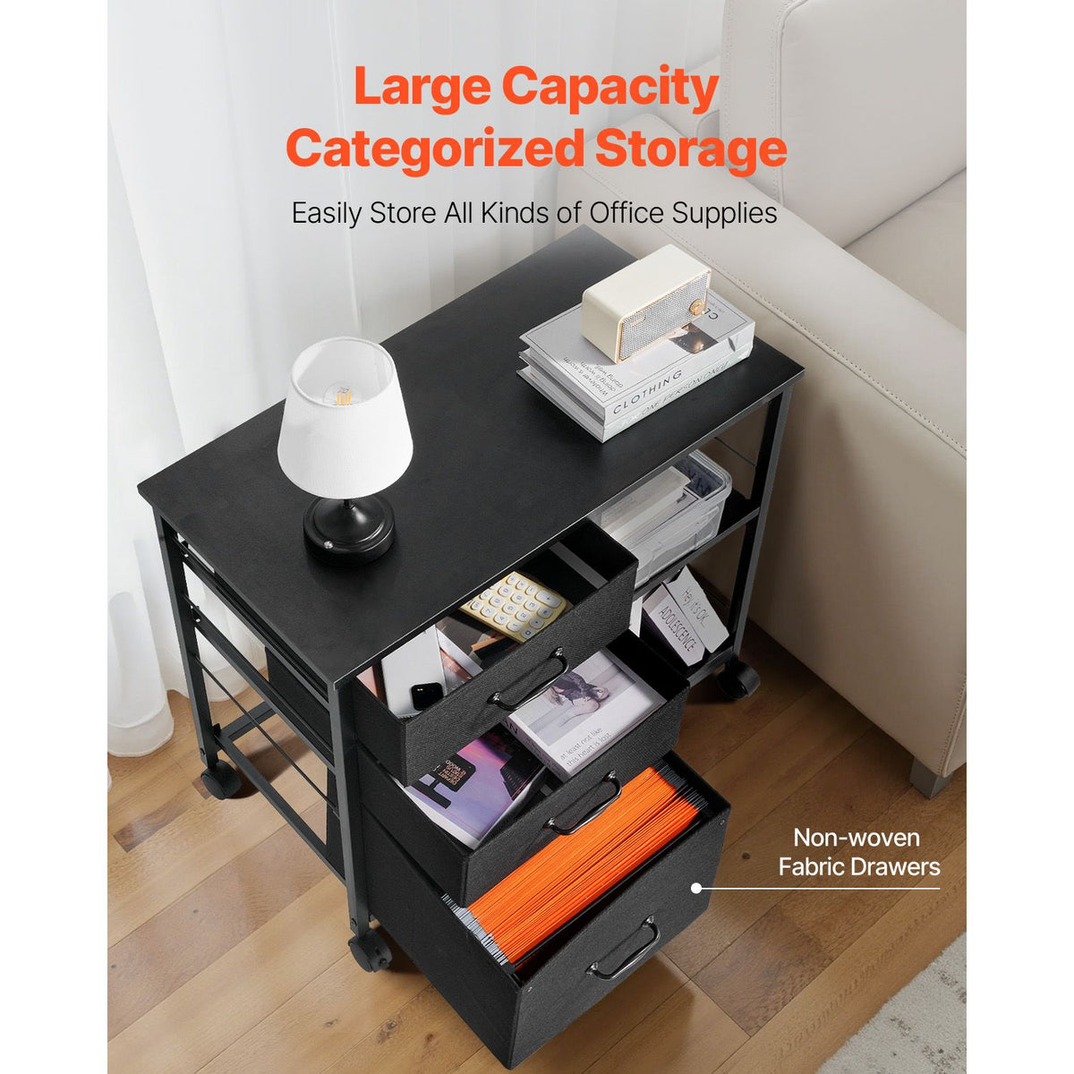 Mobile Metal File Cabinet, 3 Fabric Drawers & 2 Open Shelves, Rolling Black