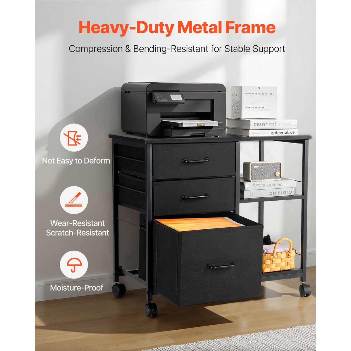 Mobile Metal File Cabinet, 3 Fabric Drawers & 2 Open Shelves, Rolling Black