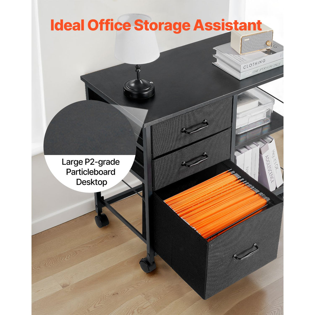 Mobile Metal File Cabinet, 3 Fabric Drawers & 2 Open Shelves, Rolling Black